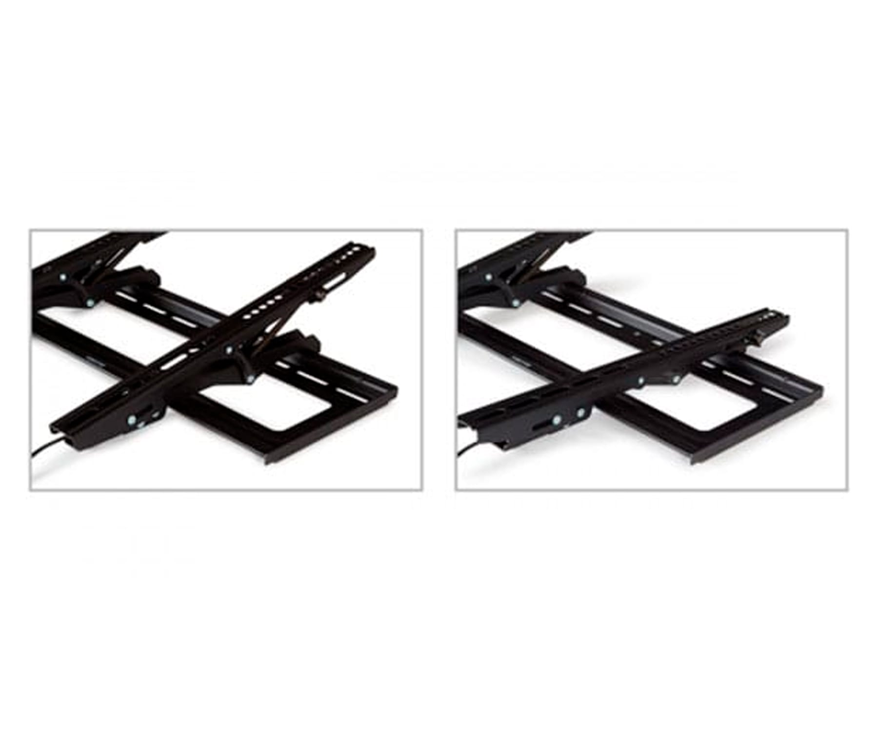 Dos soportes de pared para TV en primer plano. Negros, rectangulares, con brazos ajustables. Están vacíos y listos para un televisor.