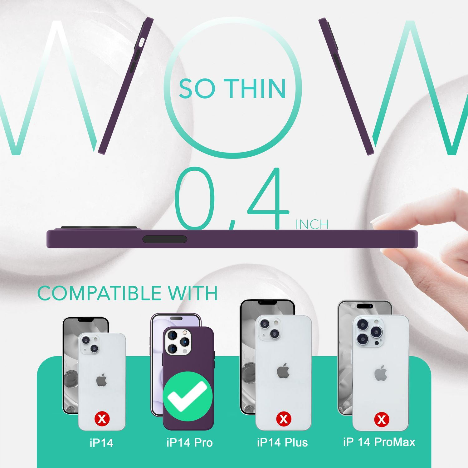 Lila Handyhülle mit Text 'SO THIN 0,4 INCH' und 'COMPATIBLE WITH' iPhone-Modellen.
