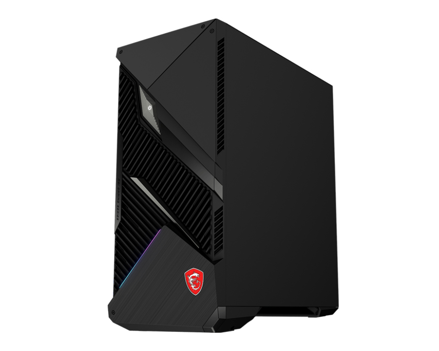 Czarna obudowa PC do gier z kątową konstrukcją i czerwonym logo MSI. Boczna strona z siatką.
