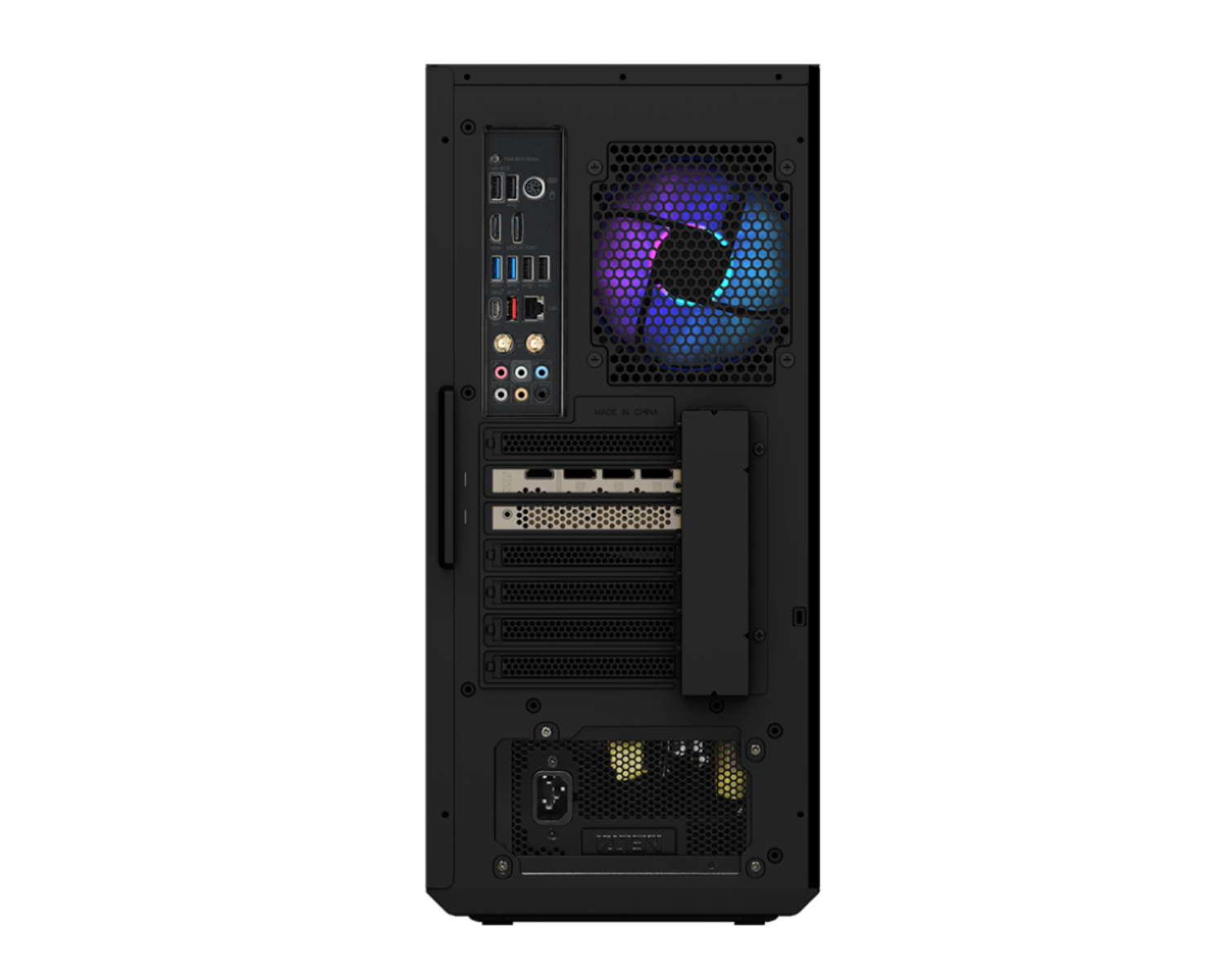 Tył czarnej obudowy komputera z różnymi portami, wentylatorem z podświetleniem RGB.