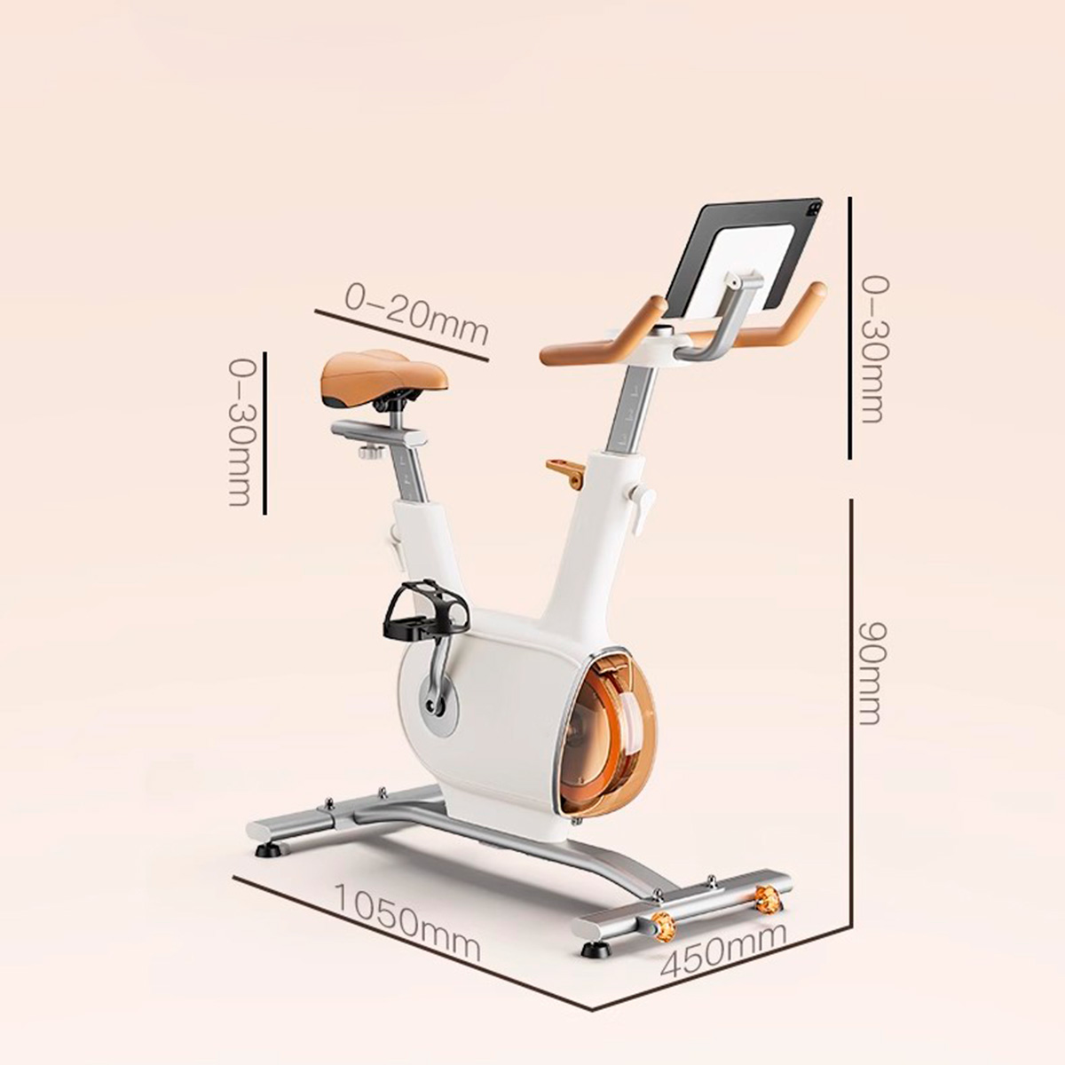 Ergometer mit Maßangaben. Es hat einen weißen Rahmen, braunen Sitz und Griffe sowie ein oranges Design.