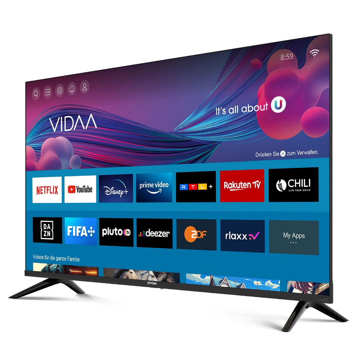 Ein großer Fernseher zeigt Apps an. Netflix, YouTube und Disney+ sind sichtbar.