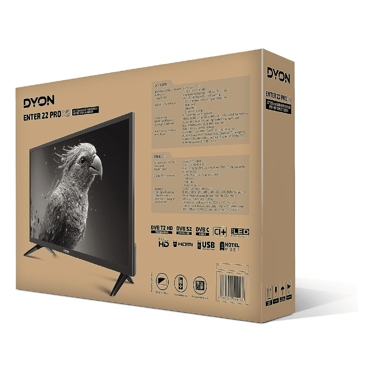 Eine TV-Box mit einem TV-Bild auf der Vorderseite und Produktdetails an den Seiten.