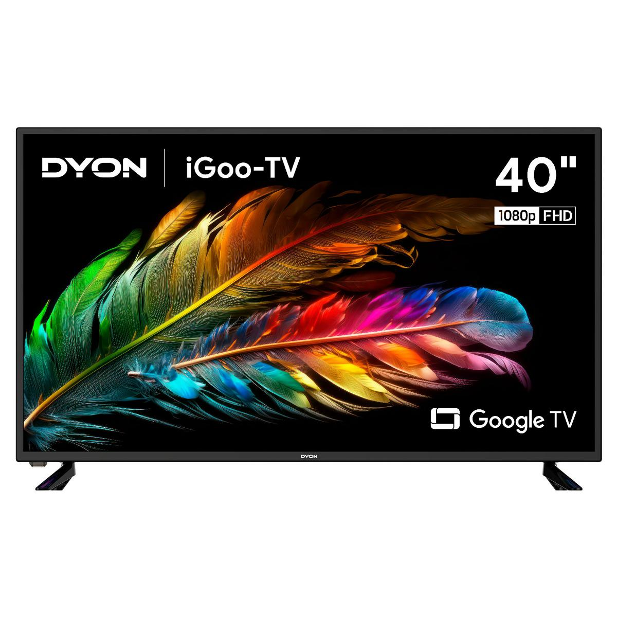 Ein 40-Zoll-Fernseher zeigt farbenfrohe Kunstwerke. Der Fernseher hat oben 'DYON iGoo-TV' und unten 'Google TV'.