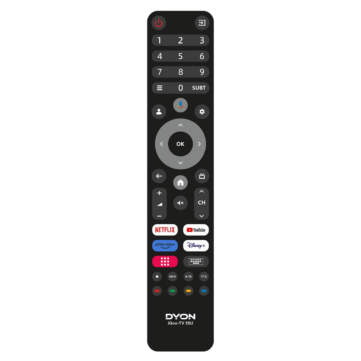 Schwarze Fernbedienung mit nummerierten Tasten und Netflix-, Youtube- und Disney+ Tasten.
