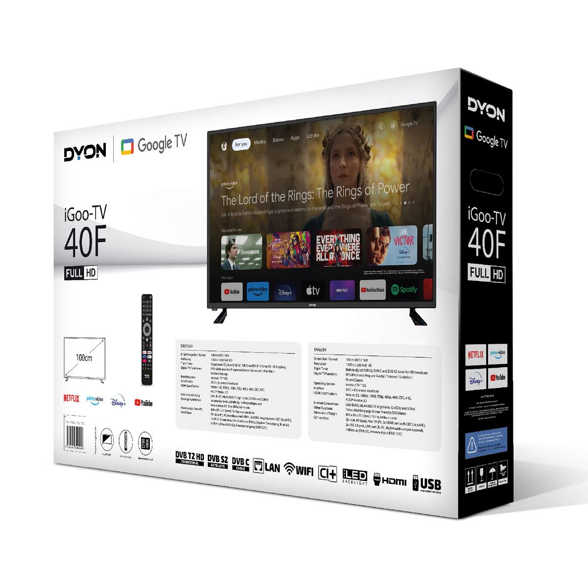 Eine TV-Box zeigt einen Fernseher, der einen Film abspielt. Die Box hat Logos und Text.