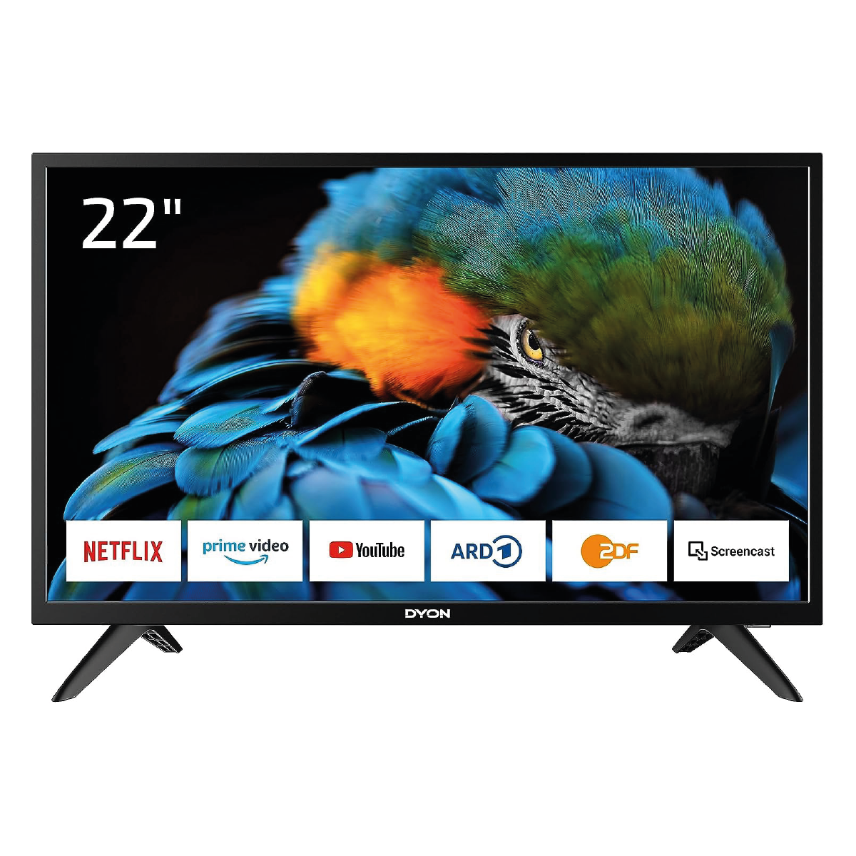 22" schwarzer Fernseher mit Papageienbild. Streaming-App-Logos unten. Schwarze Füße.