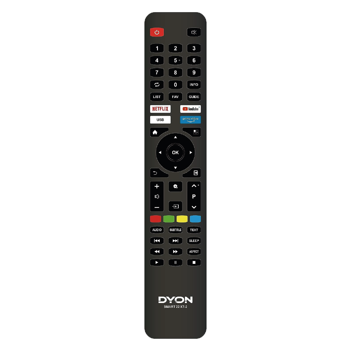 Schwarze Fernbedienung mit mehreren Tasten, darunter Zahlen, Netflix und YouTube.