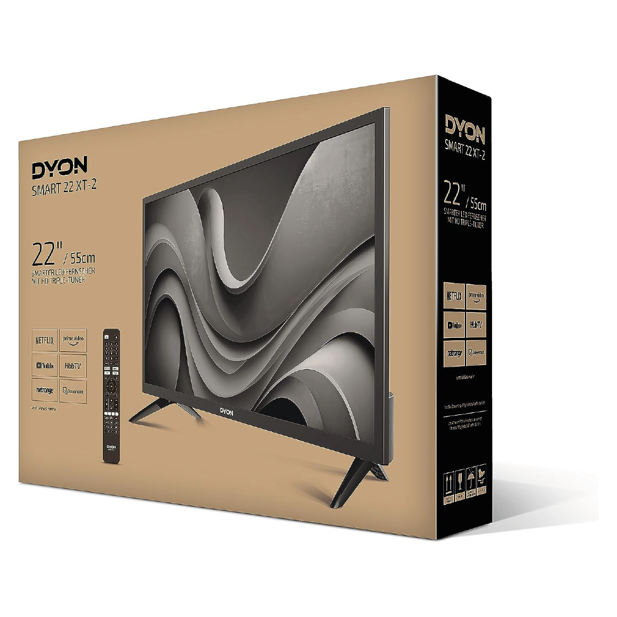 Eine TV-Box mit dem Fernseher und der Fernbedienung. Text: DYON SMART 22 XT-2.
