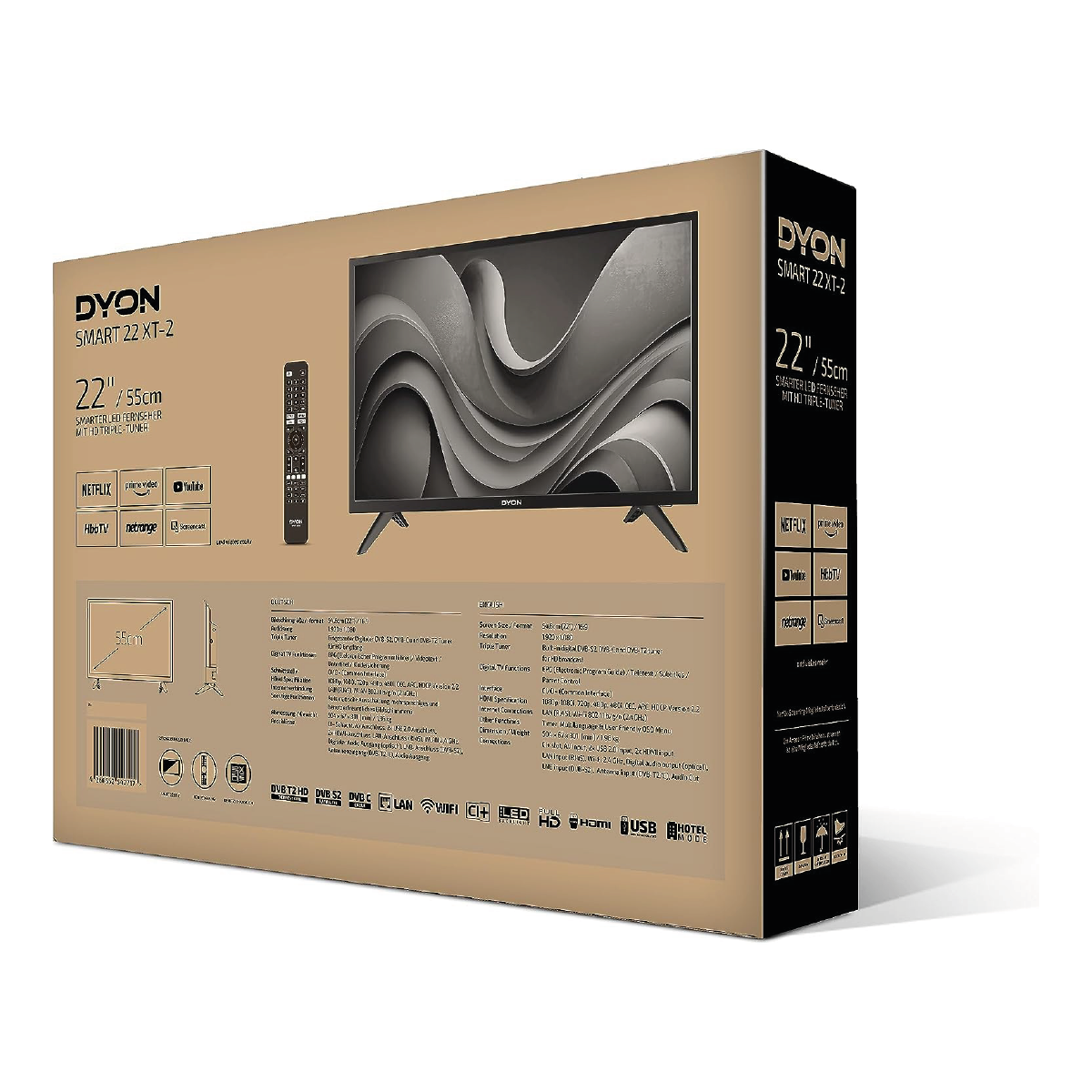 Eine TV-Box mit einem Fernseher auf der Vorderseite, der Text auf der Box lautet 'DYON SMART 22 XT-2'.