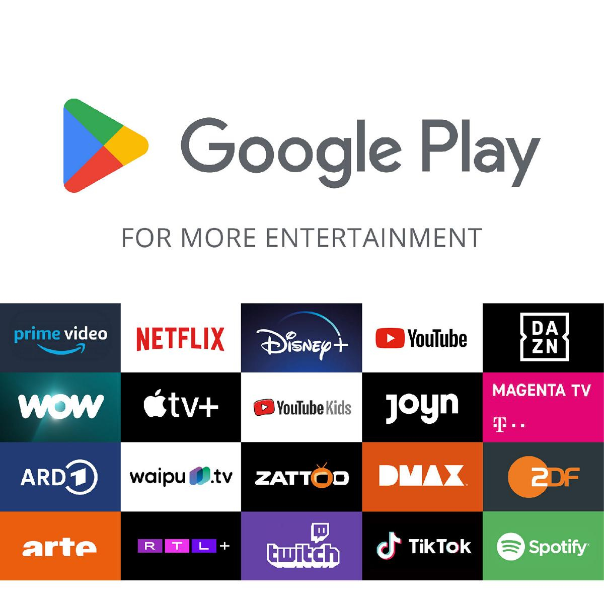 Google Play Logo mit verschiedenen App-Symbolen. Der Text lautet: FÜR MEHR UNTERHALTUNG.