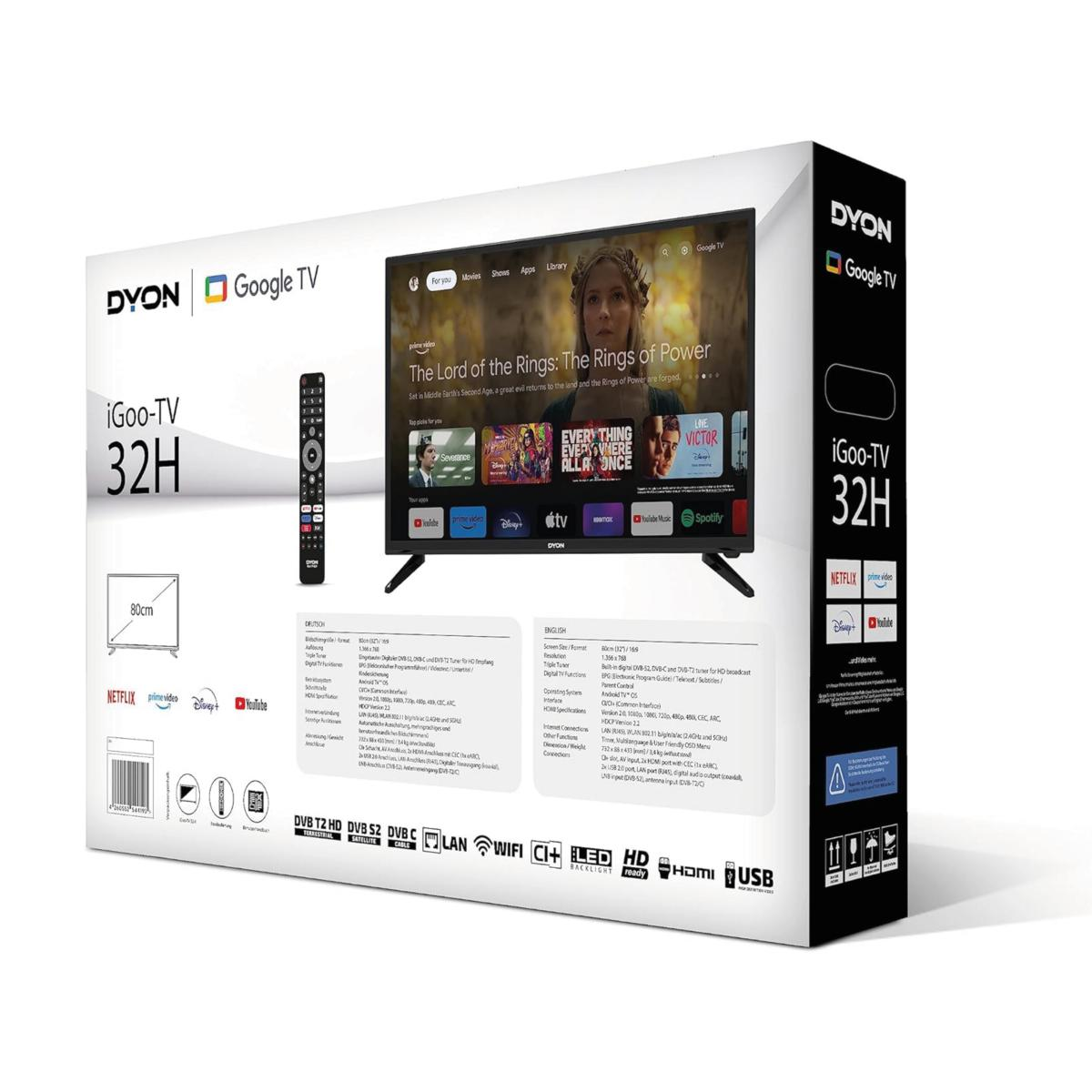 Box von Dyon iGoo-TV 32H TV. Zeigt Der Herr der Ringe auf dem Bildschirm.