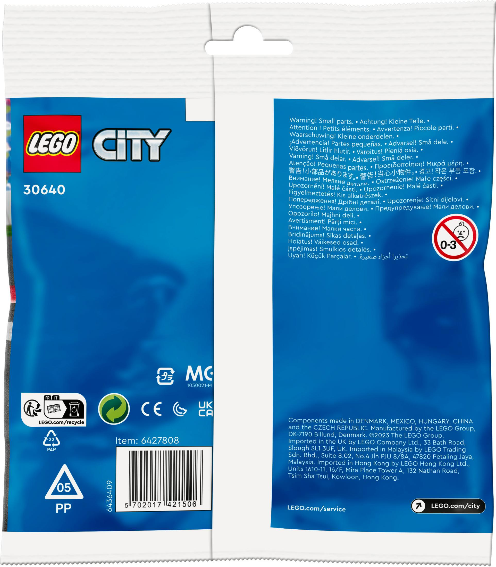 Torebka Lego City, białe tło, zawiera małe elementy Lego. Tekst: Lego City, 30640 i symbole ostrzegawcze.