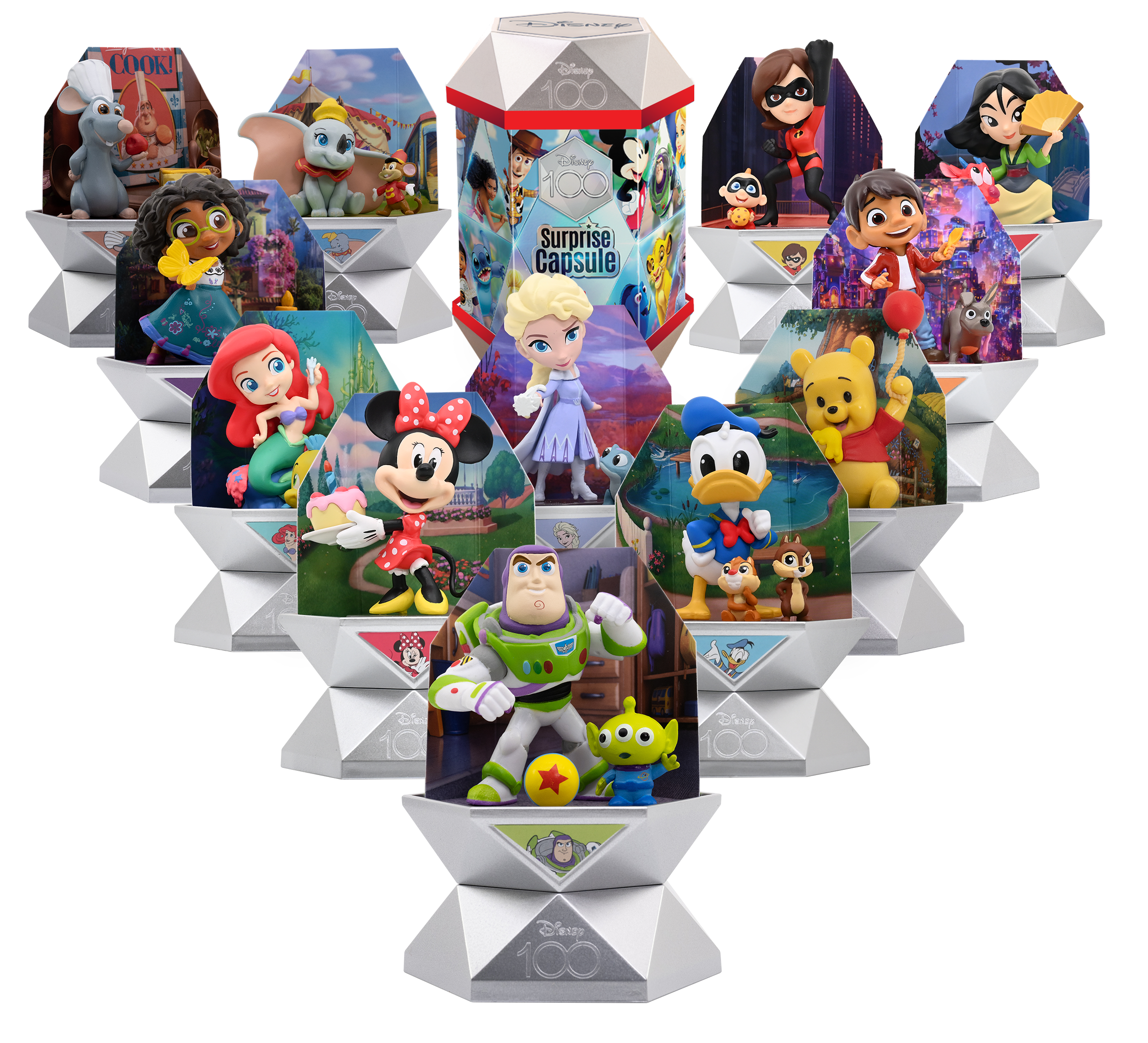 Disney 100 Überraschungskapsel mit verschiedenen Figuren von Disney-Charakteren.