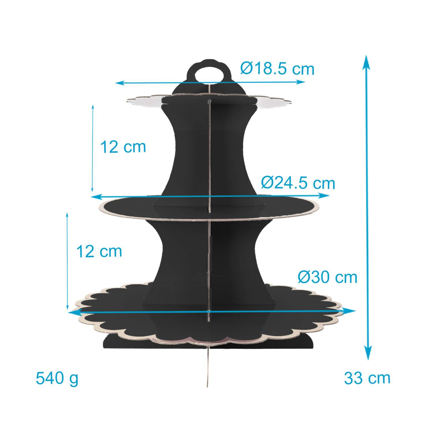 Ein dreistöckiger schwarzer Kuchenständer mit gewellten Kanten. Er zeigt Abmessungen: Höhe 33 cm, Durchmesser 30 cm.