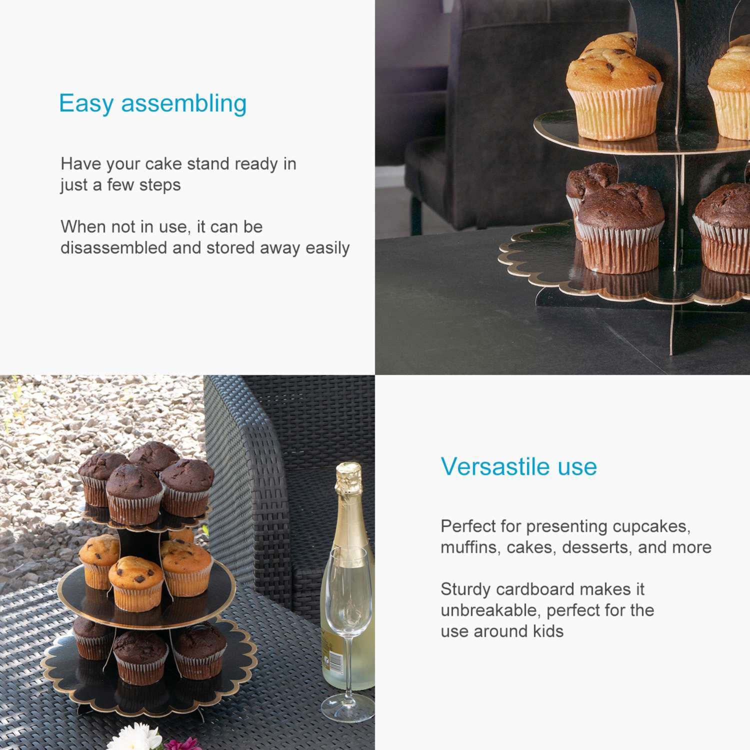 Ein Kuchenständer mit Cupcakes. Der Text lautet 'Easy assembling' und 'Versatile use'. Champagner ist in der Nähe.