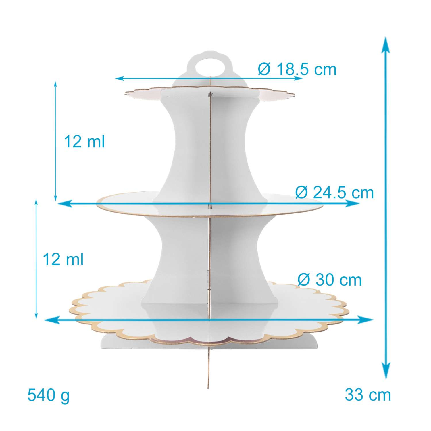 Ein weißer, dreistöckiger Kuchenständer mit markierten Abmessungen und einem Gewicht von 540 g.