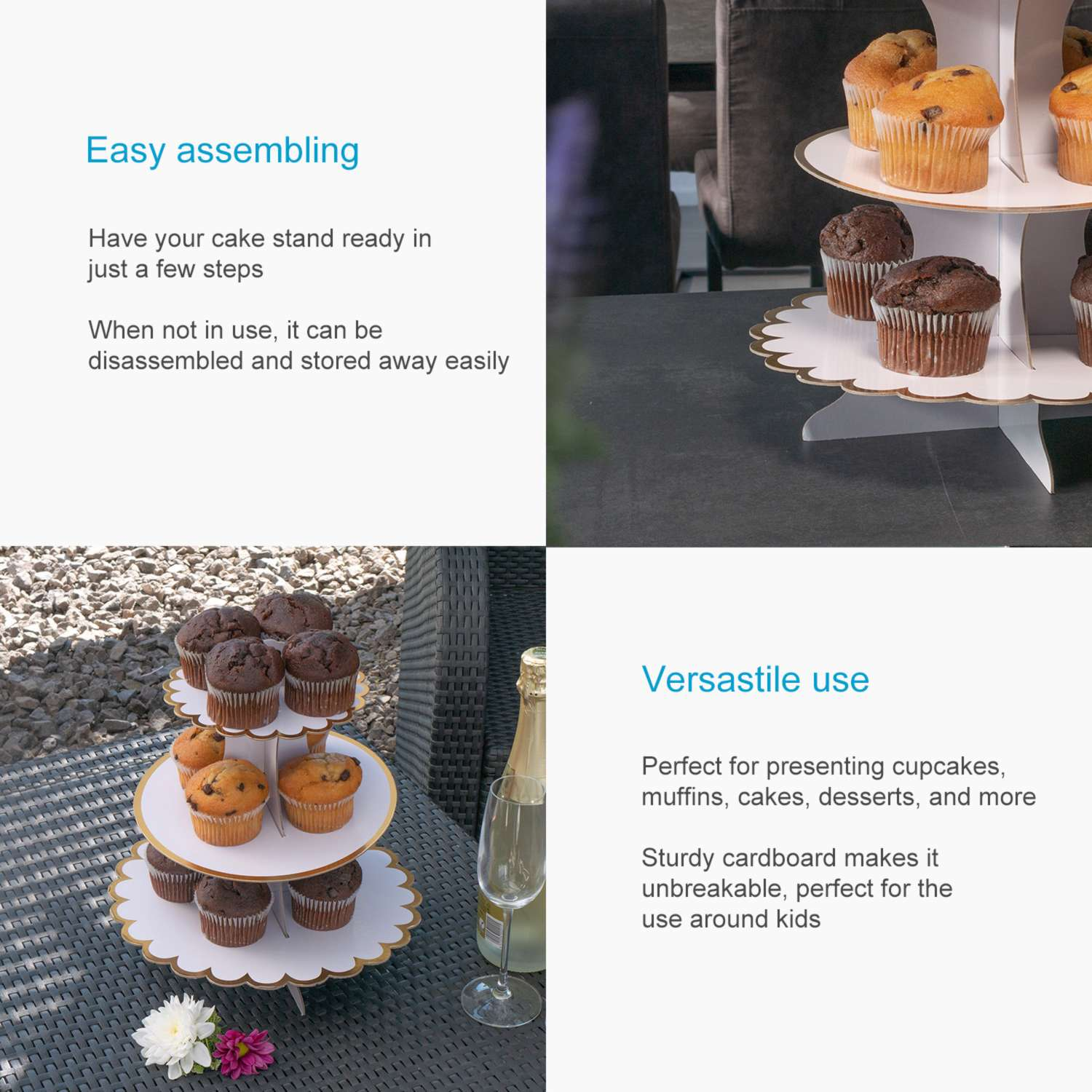 Cupcakes auf einem dreistöckigen Ständer. Text über einfache Montage und vielseitige Verwendung.
