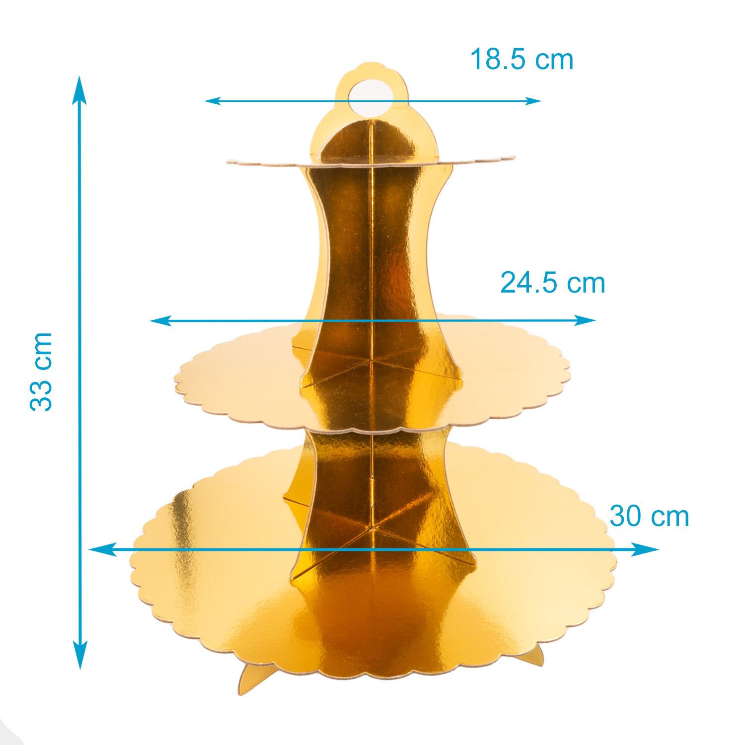 Goldener, mehrstufiger Cupcake-Ständer mit Maßangaben. Drei kreisförmige Ebenen, die sich nach oben verkleinern.