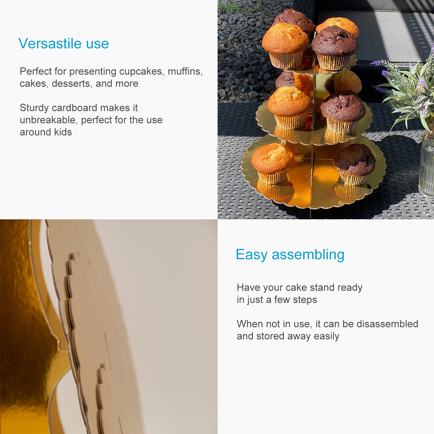 Cupcakes auf einem goldenen, mehrstöckigen Ständer mit Text. Karton-Montage gezeigt. Gold- und Weißtöne.