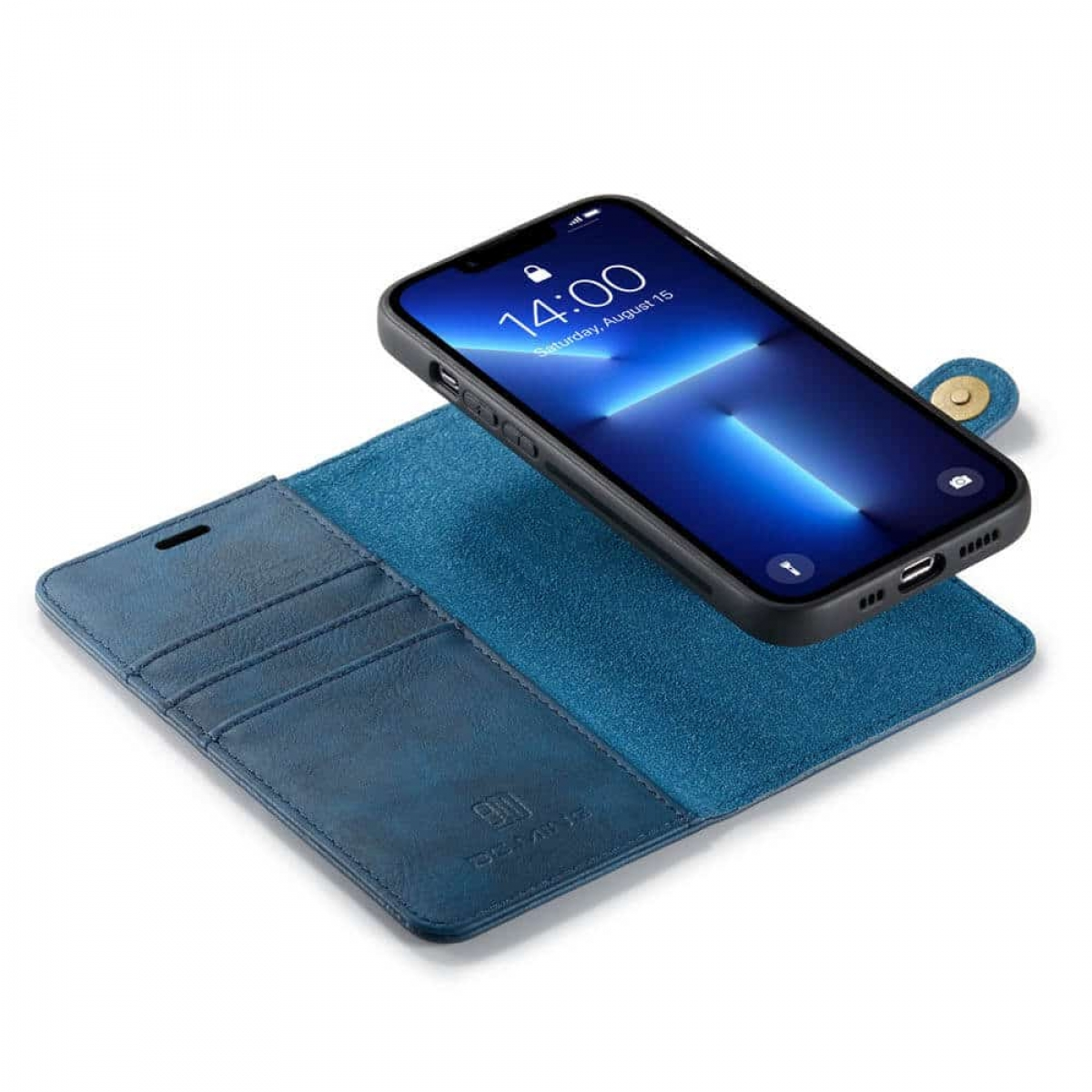 Blaues Handy-Case mit Telefon, mit angezeigter Uhrzeit.