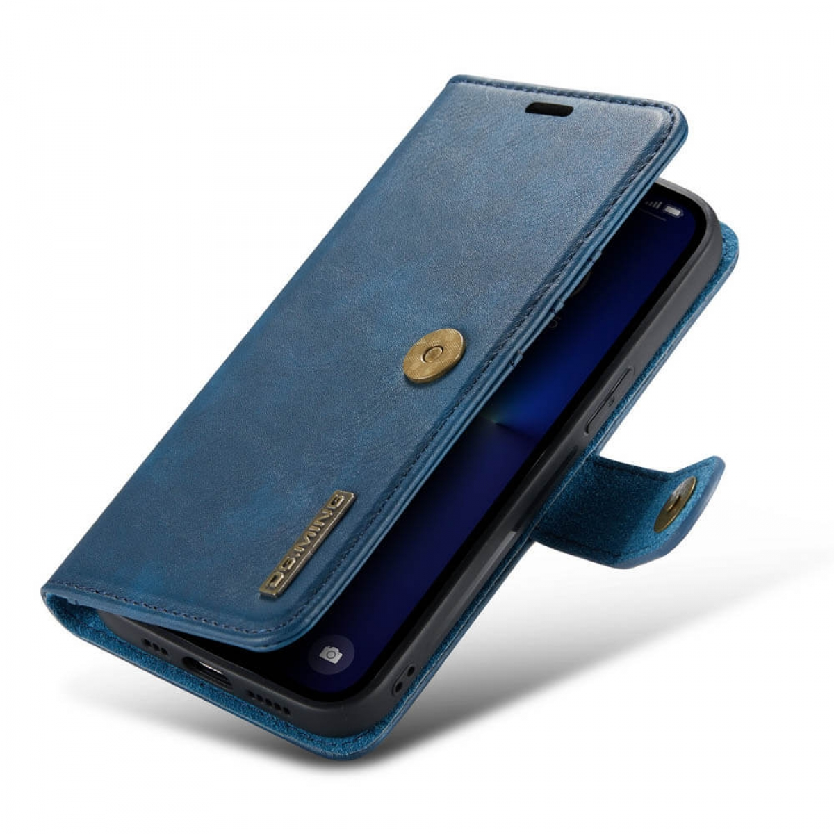 Blaue Leder-Handyhülle, offen und angewinkelt. Zeigt ein Telefon im Inneren, mit Schnappverschluss.