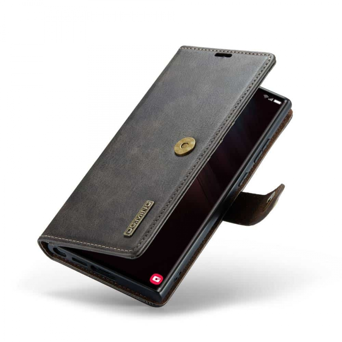 Geöffnete Handyhülle. Dunkelgraues Leder außen, braun innen, Telefon sichtbar. Weißer Hintergrund.