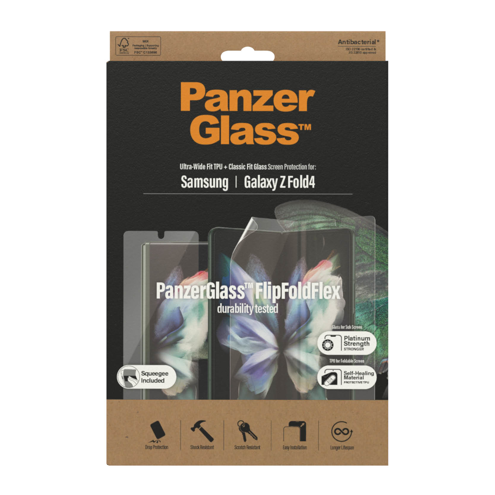Doos met PanzerGlass schermbeschermer voor Samsung Galaxy Z Fold4, met afbeeldingen van de telefoon en beschermer.