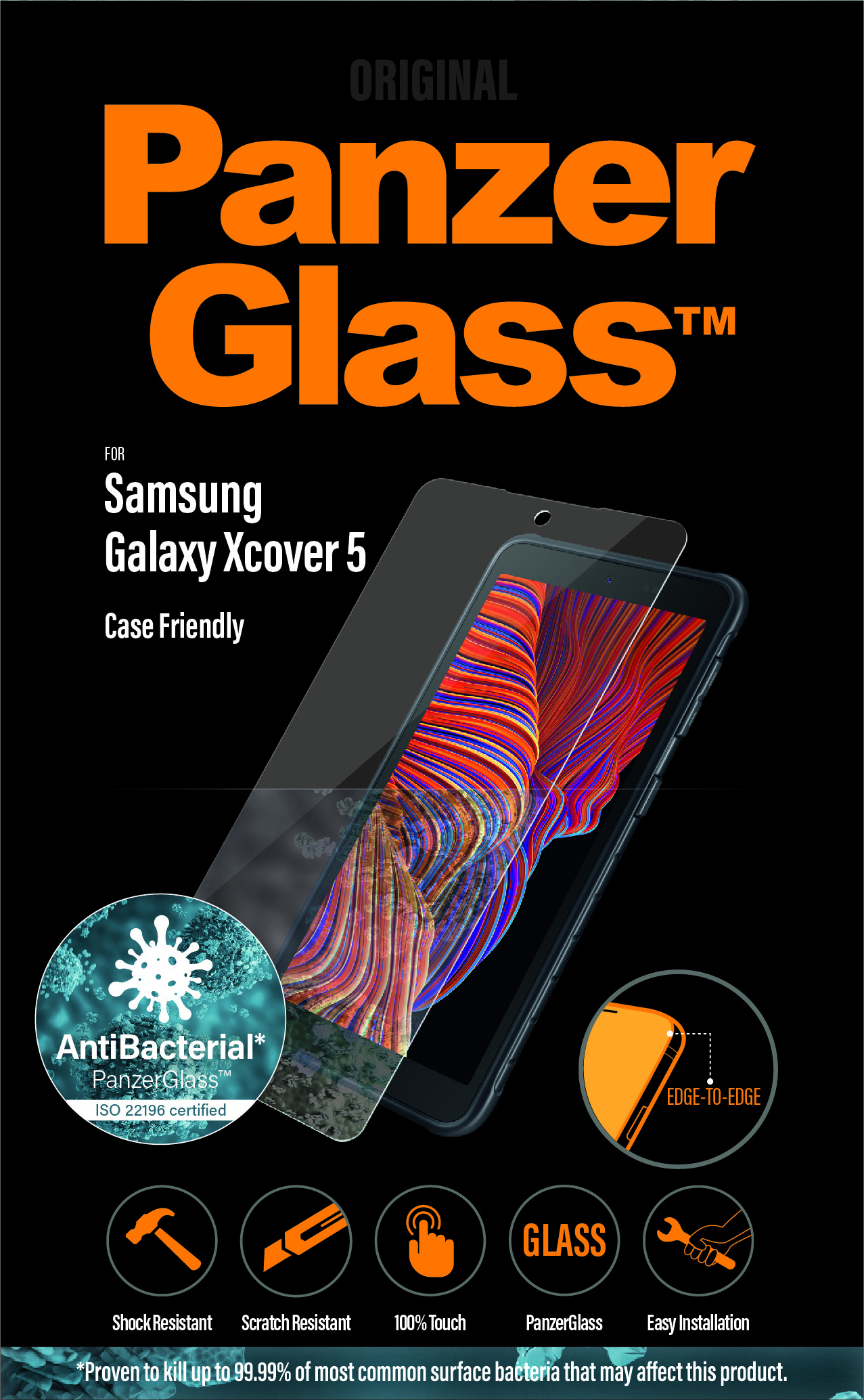 Protection d'écran PanzerGlass pour Samsung Galaxy Xcover 5. Montre le téléphone, la protection et des fonctionnalités comme antibactérien.