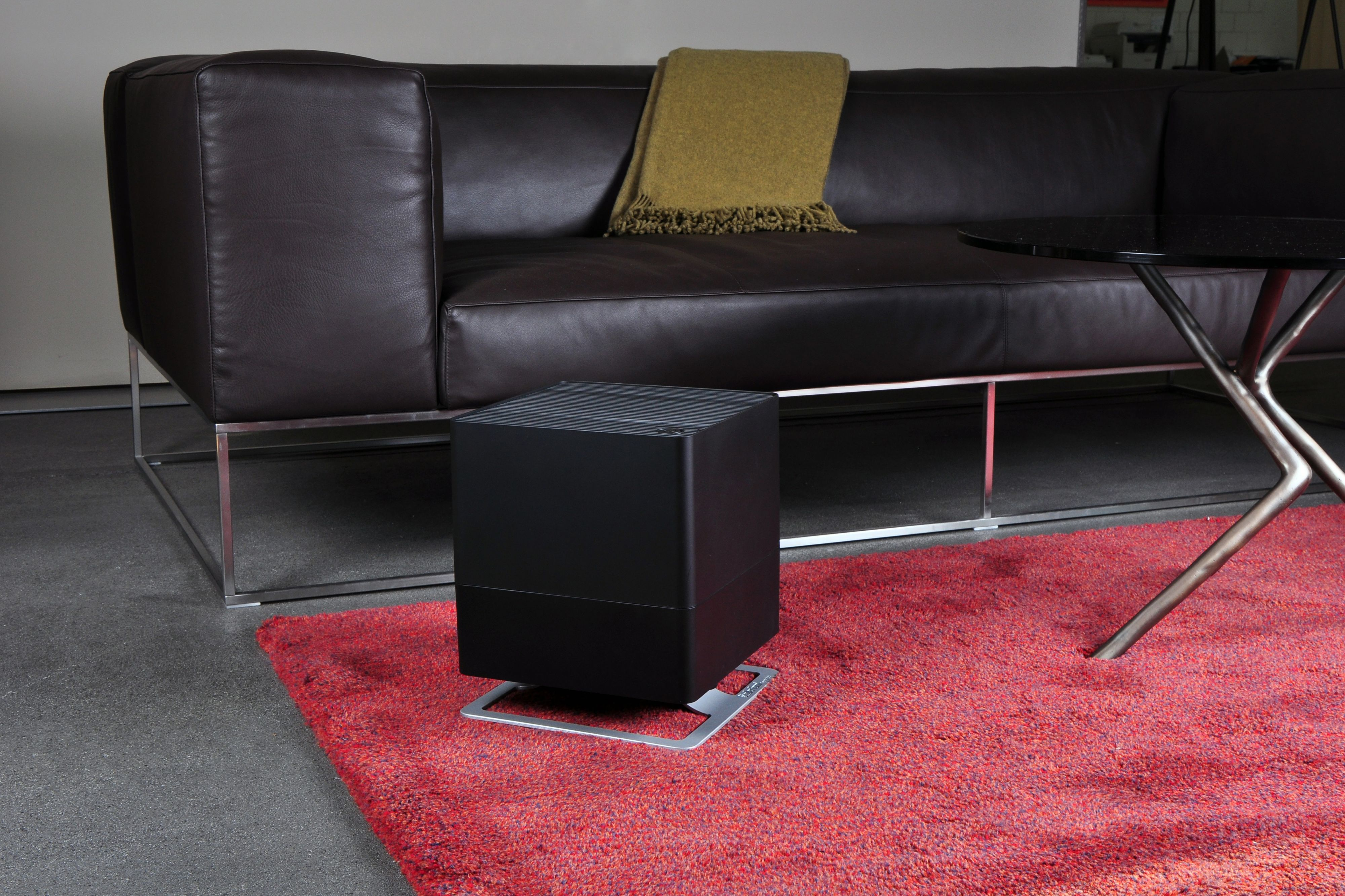 Black air purifier on a red rug near a sofa.