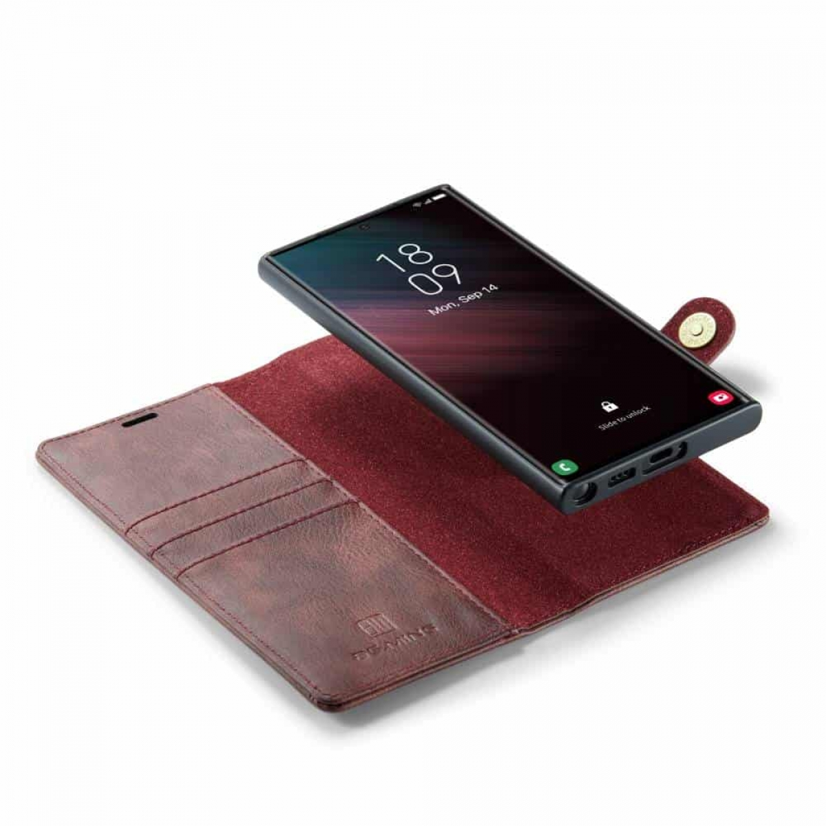 Burgunderfarbene Handyhülle mit Telefon. Das Telefon zeigt Datum und Uhrzeit. Die Hülle hat Kartenfächer.