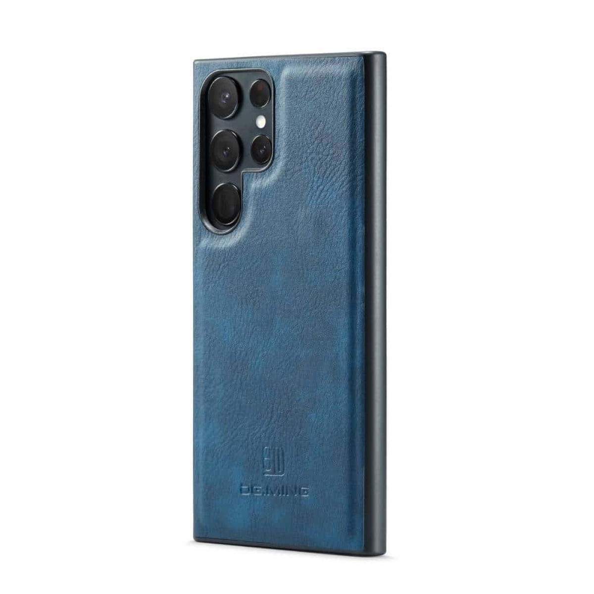 Blaue Leder-Handyhülle. Mit Kameraausschnitt und Logo unten.