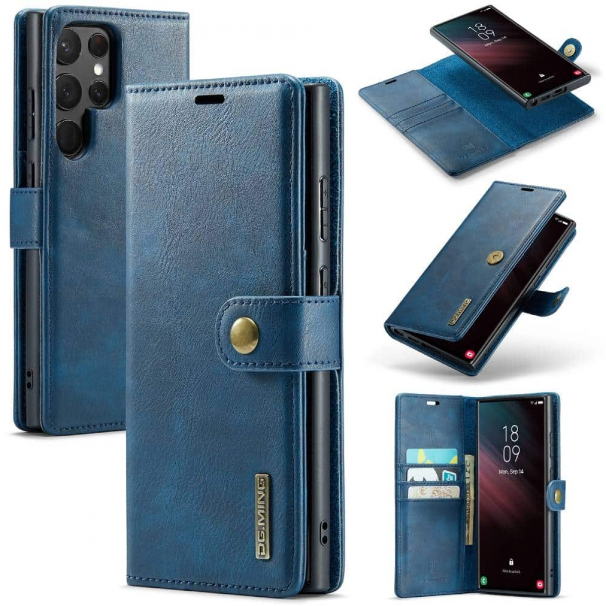 Blaue Handyhülle mit mehreren Ansichten, die ein Telefon im Inneren und Kartenfächer zeigt.