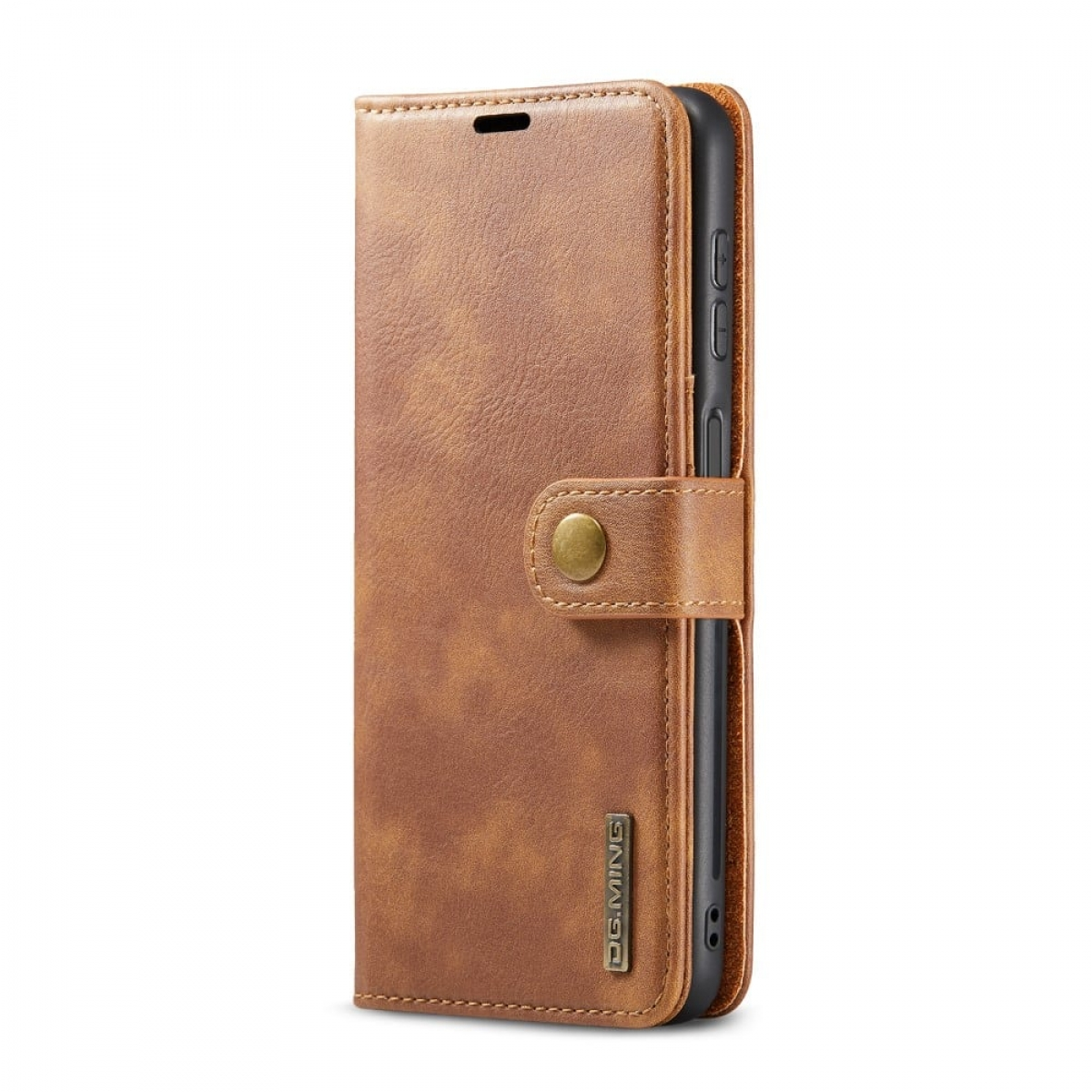 Braune Leder-Telefon-Geldbörsenhülle, geschlossen mit einem Knopfverschluss. Ein Telefon ist innen.