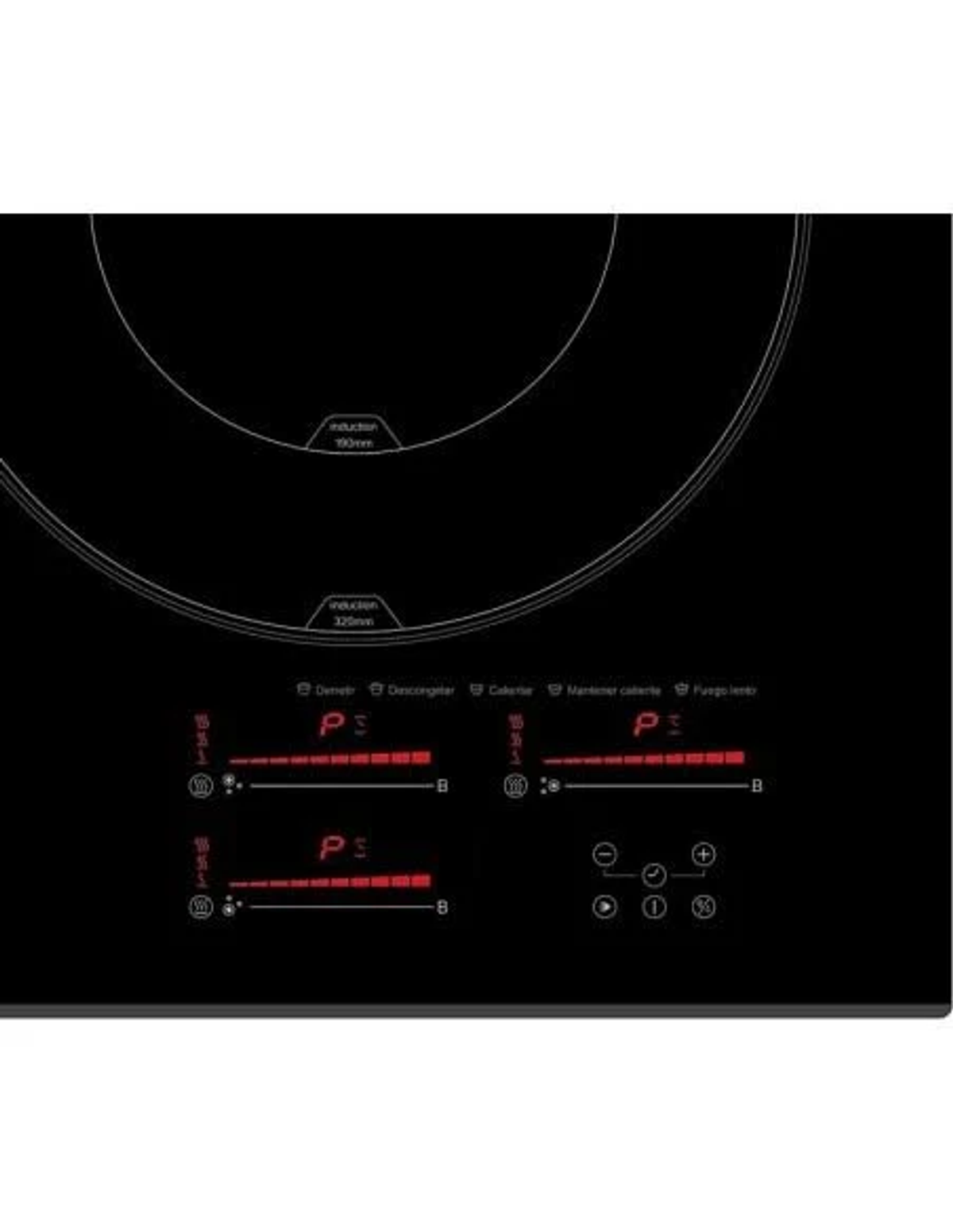 Placa de inducción negra con controles táctiles y pantallas digitales, aislado.