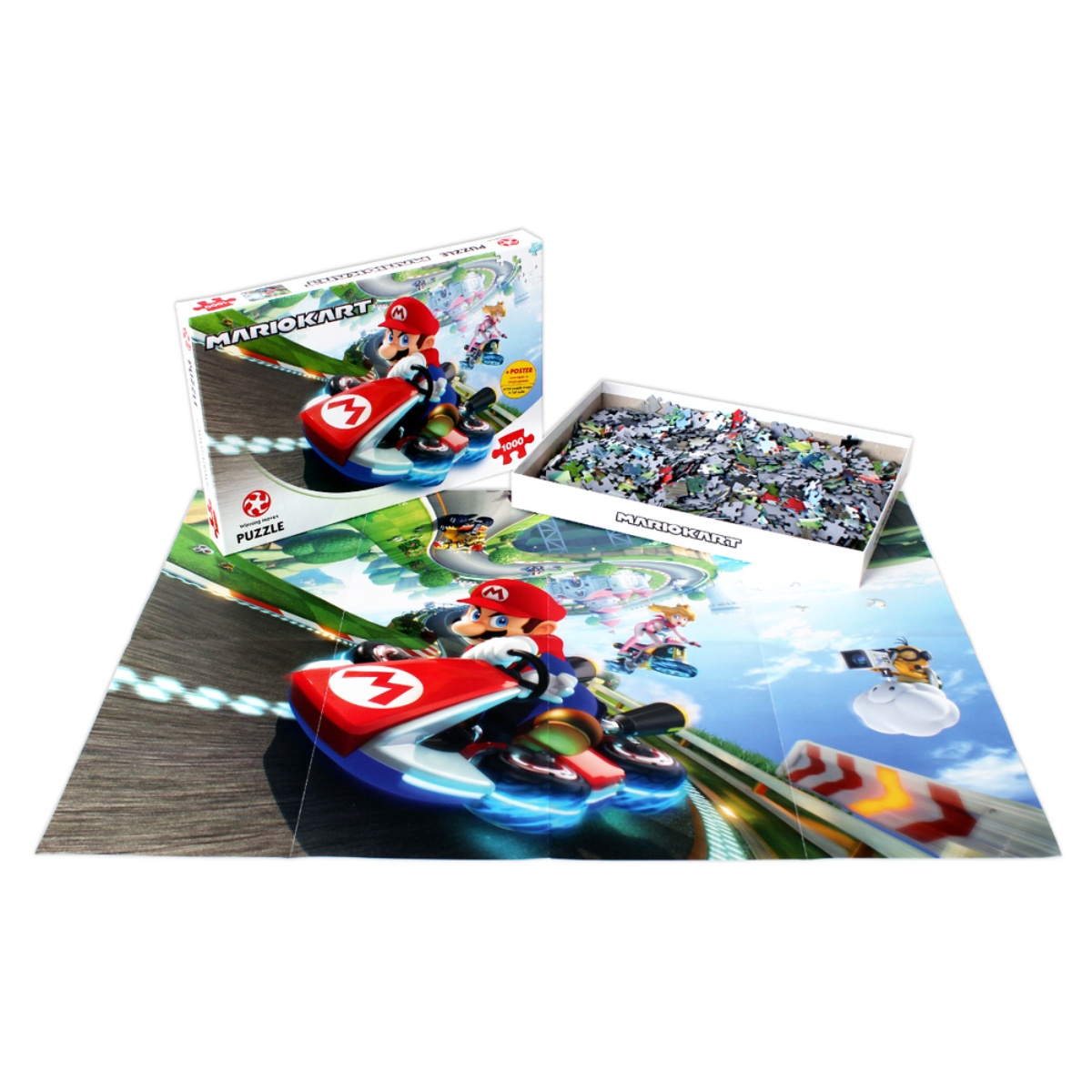 Mario Kart puzzel met doos en verspreide stukjes. Karakters racen, kleurrijke scène.