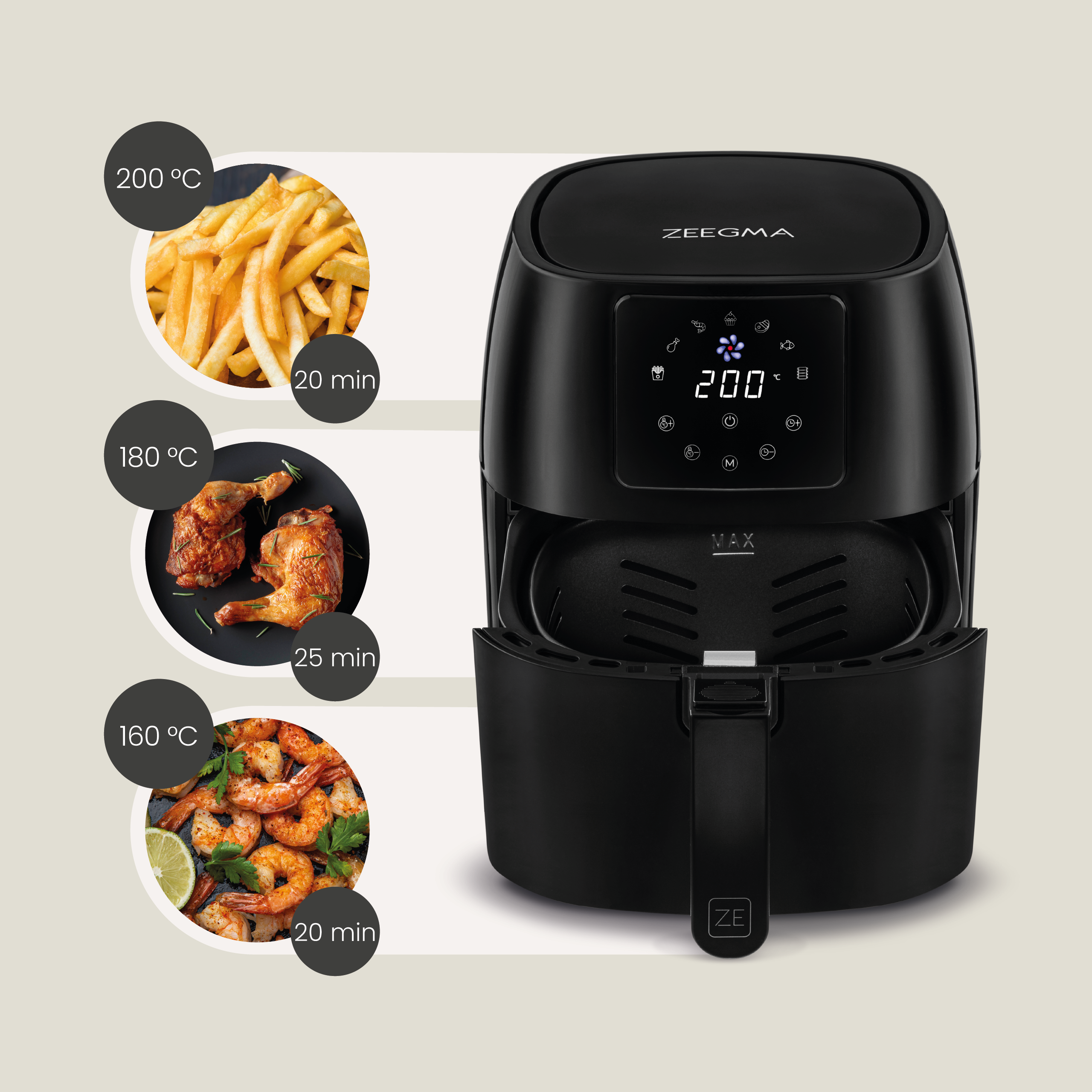 Czarna frytownica beztłuszczowa z grafikami jedzenia pokazującymi czasy i temperatury gotowania.