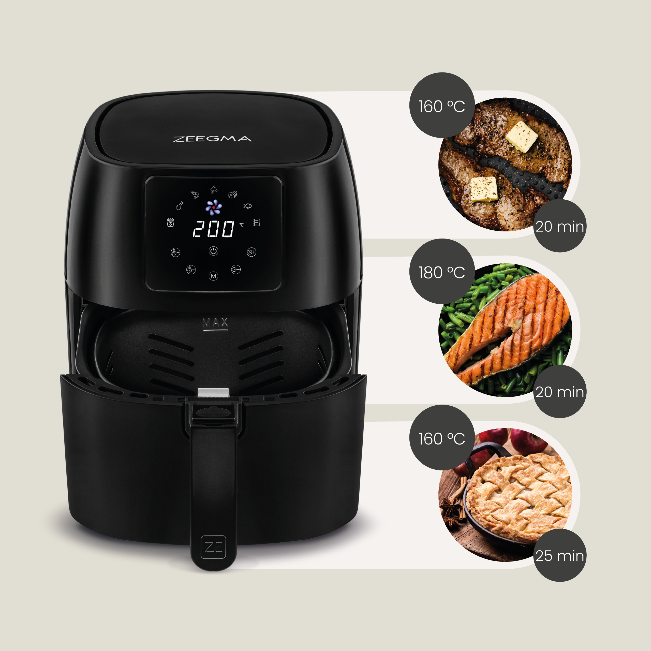 Czarna frytkownica powietrzna z cyfrowym wyświetlaczem i przewodnikami gotowania.