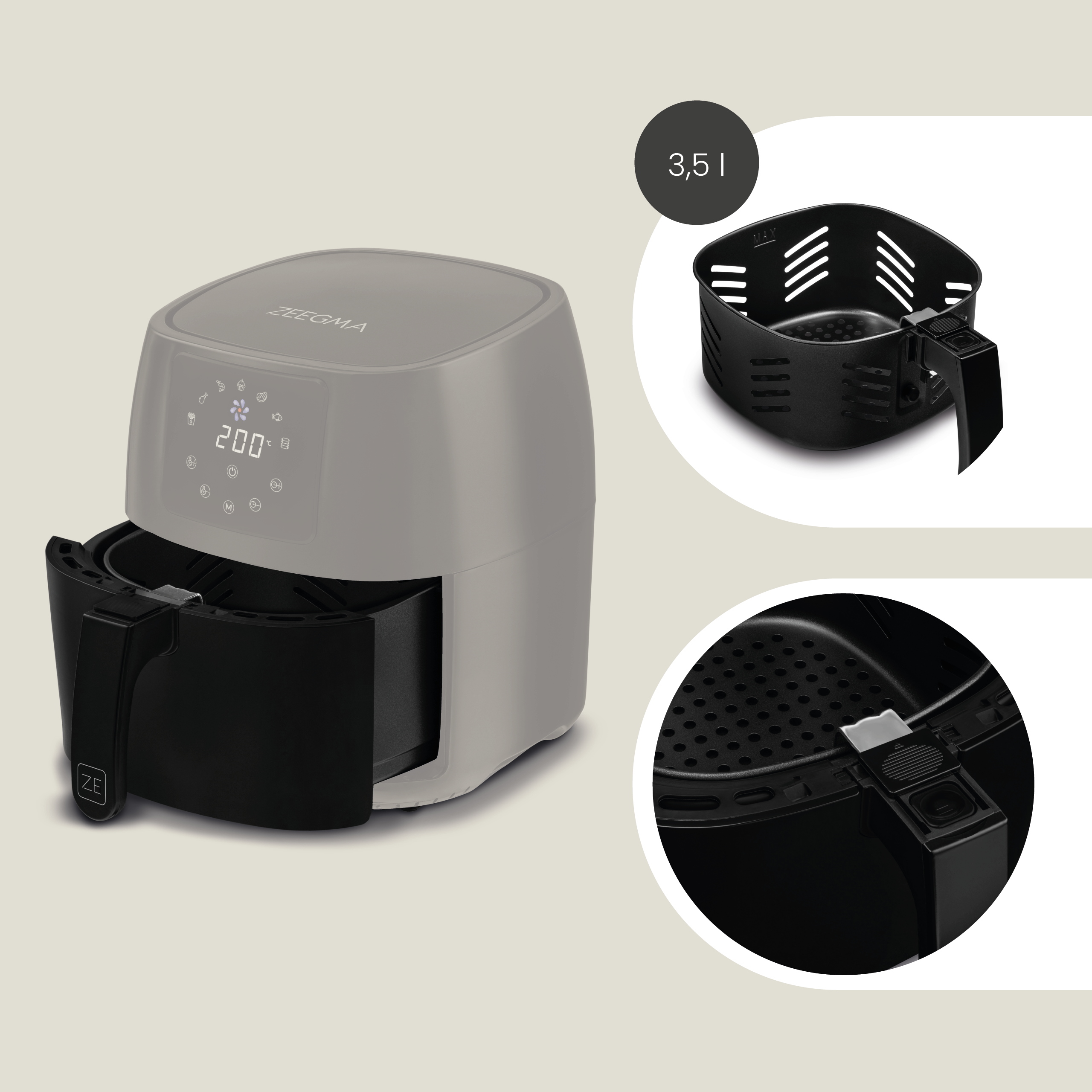 Frytownica powietrzna z czarnym koszem i uchwytem, szary korpus, na jasnym tle.