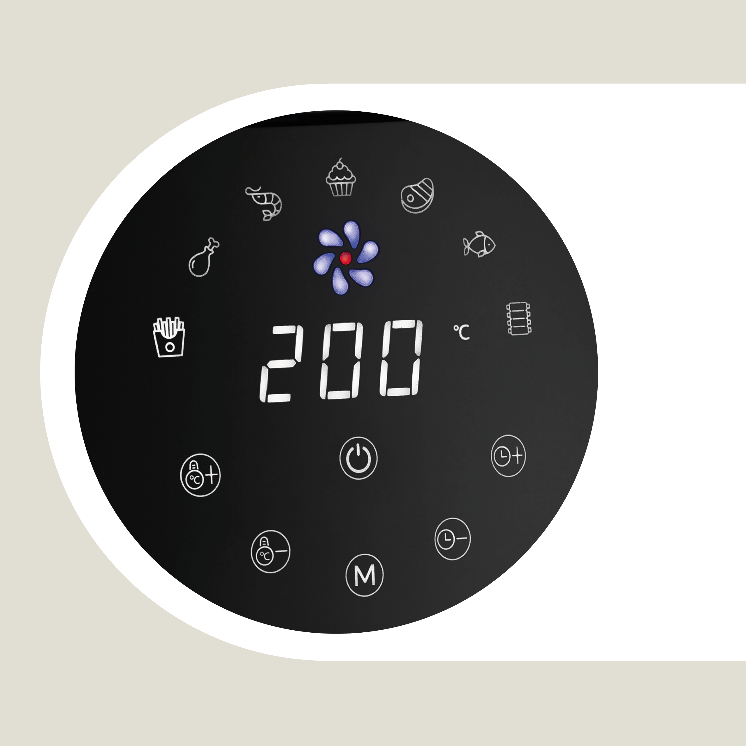 Czarny wyświetlacz cyfrowy z ikonami i liczbami, z białą obwódką, na białym tle.