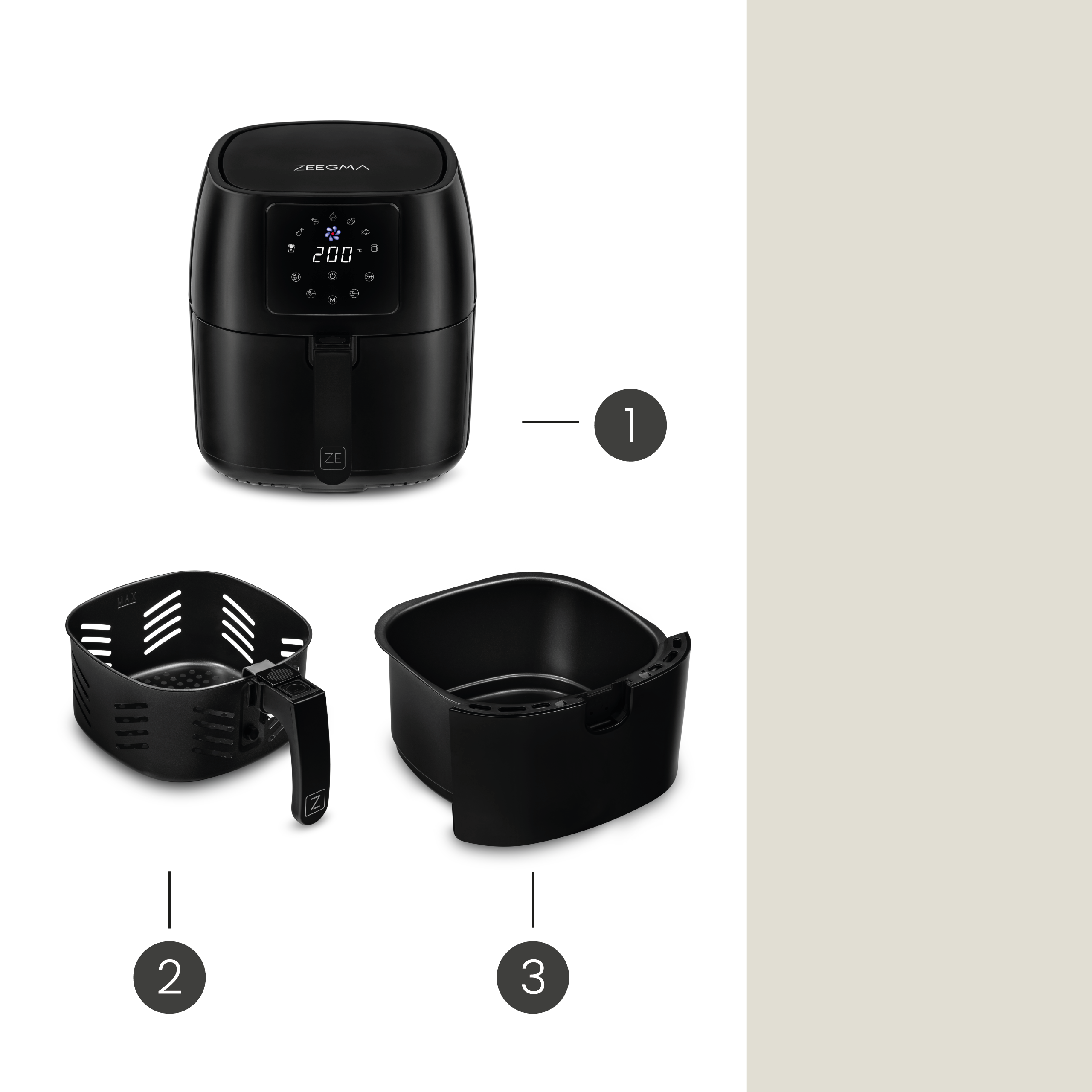 Heteluchtfriteuse met accessoires. De heteluchtfriteuse is zwart en heeft een digitaal display. Accessoires zijn ook zwart.
