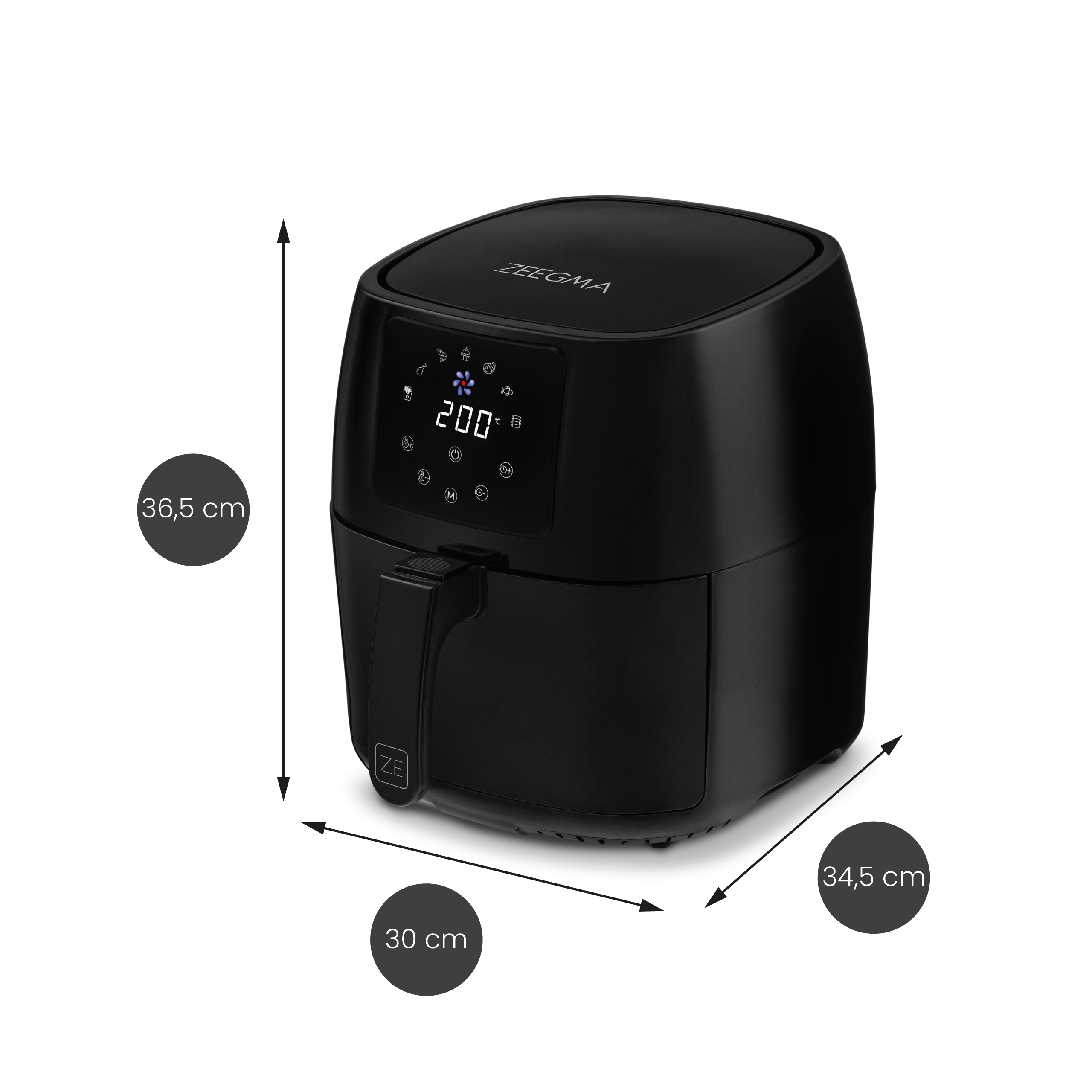 Zwarte airfryer met afmetingen. Met digitaal display en handvat. Witte achtergrond.
