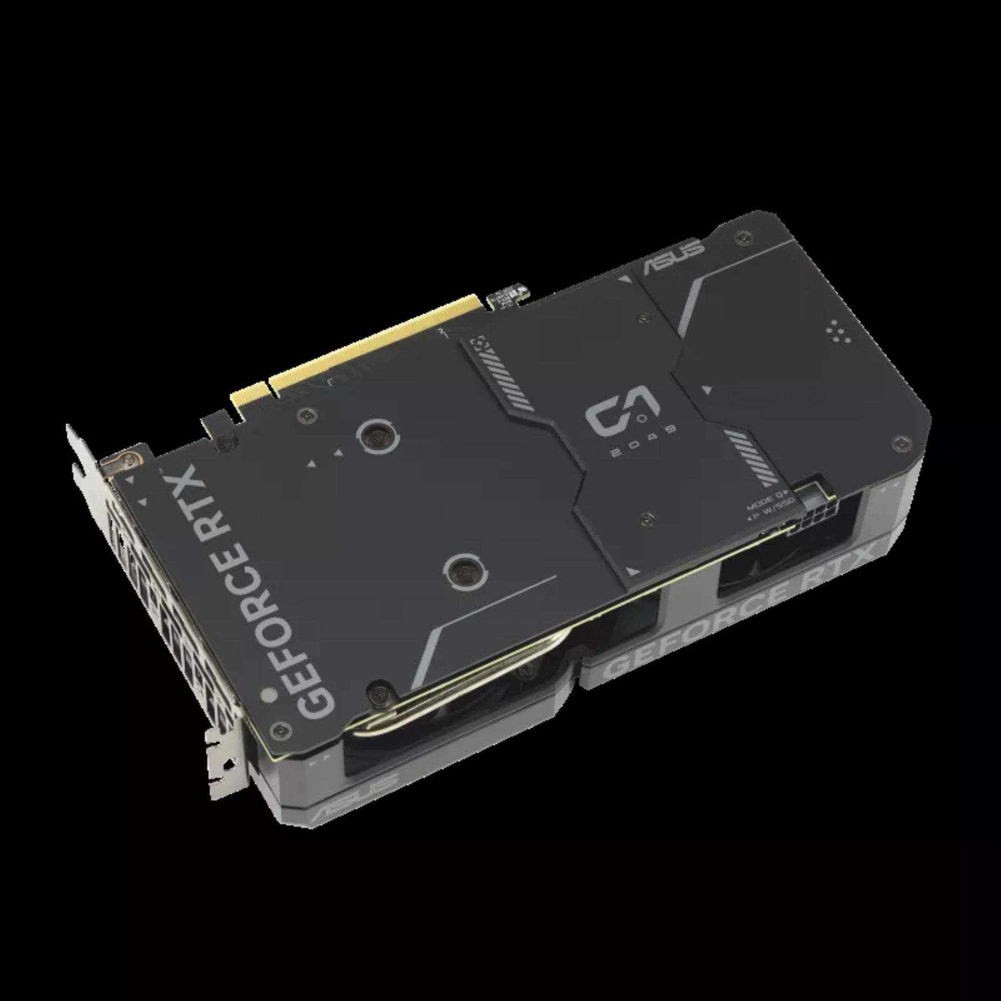 Una scheda grafica nera con l'etichetta "GEFORCE RTX". La scheda è angolata.
