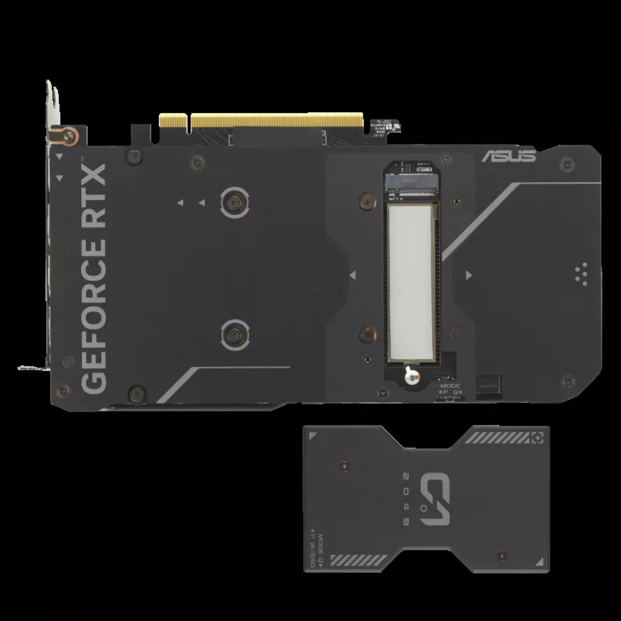 Scheda grafica con la scritta "GEFORCE RTX" e il logo ASUS, sfondo nero.