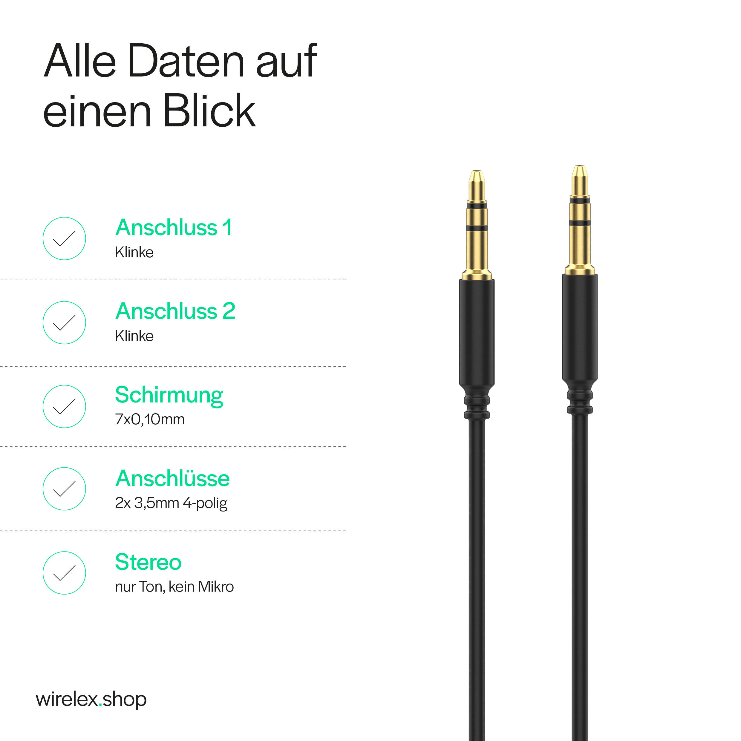 Zwei schwarze Audiokabel mit goldenen Steckern und Text, der die Anschlüsse zeigt.