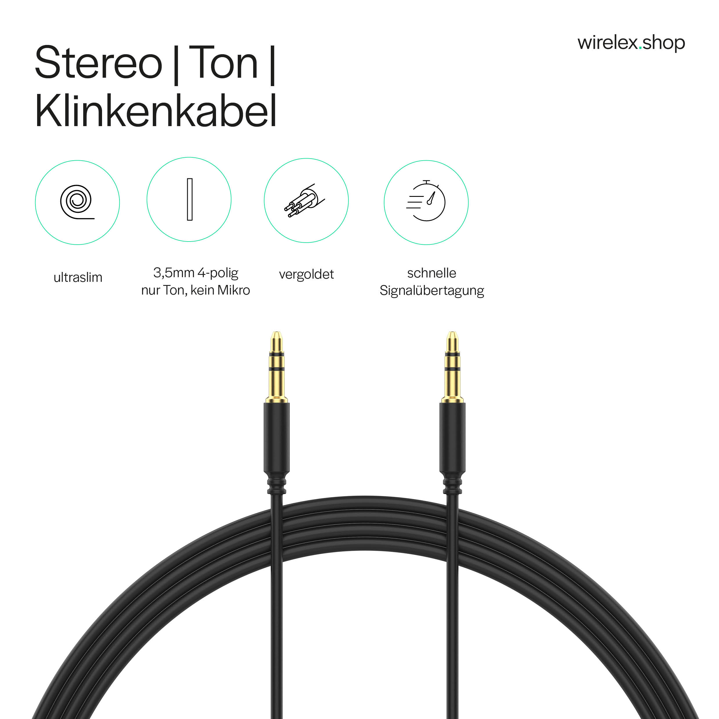 Ein schwarzes und goldenes Audiokabel. Text: Stereo | Ton | Klinkenkabel. Symbole für ultradünn, 3,5 mm und vergoldet.