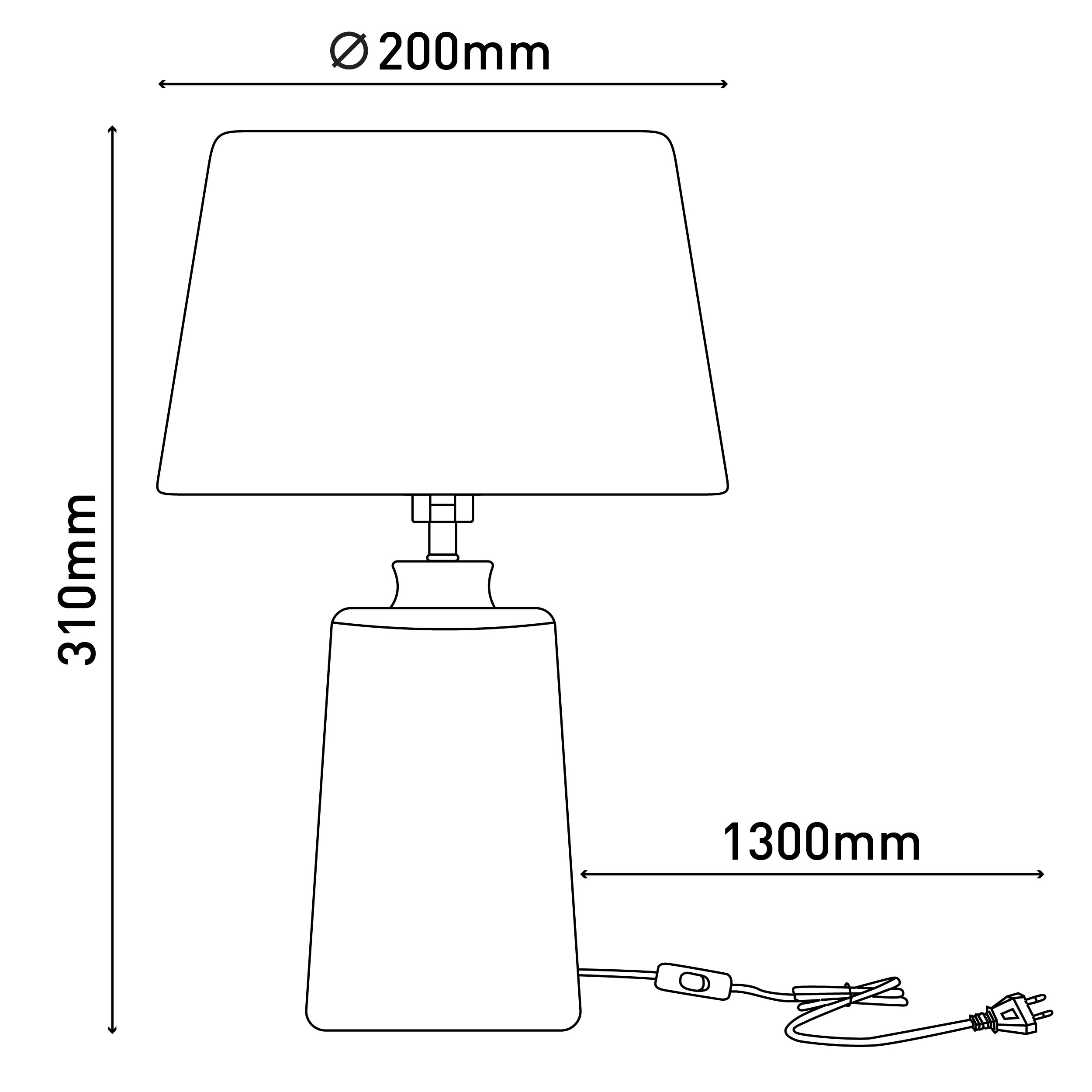 Ein Lampendiagramm. Die Lampe ist weiß und hat einen Lampenschirm, einen Sockel und Maße.