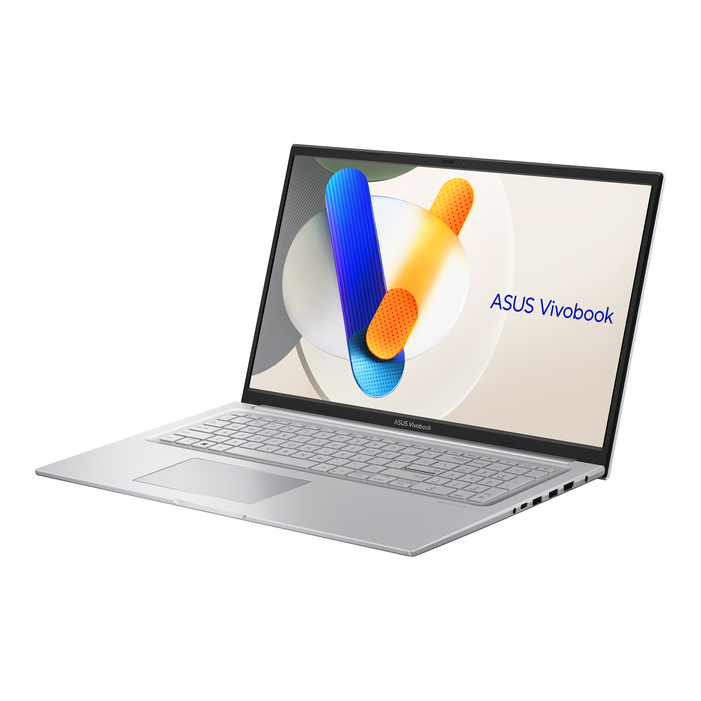 Silberner Laptop, geöffnet, zeigt Tastatur und Bildschirm mit abstraktem Design.