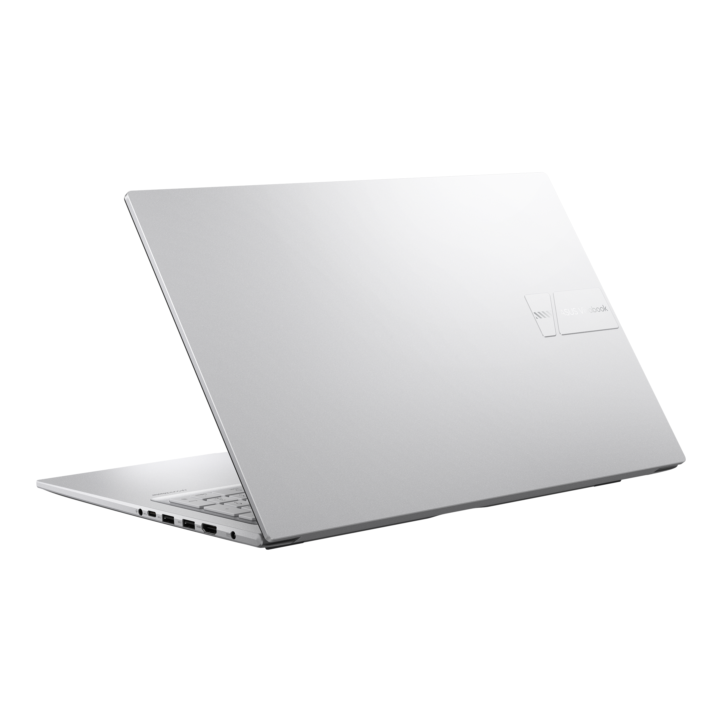 Ein silbernes Laptop, das die Rückseite mit dem ASUS-Logo zeigt, vor einem dunklen Hintergrund geöffnet.