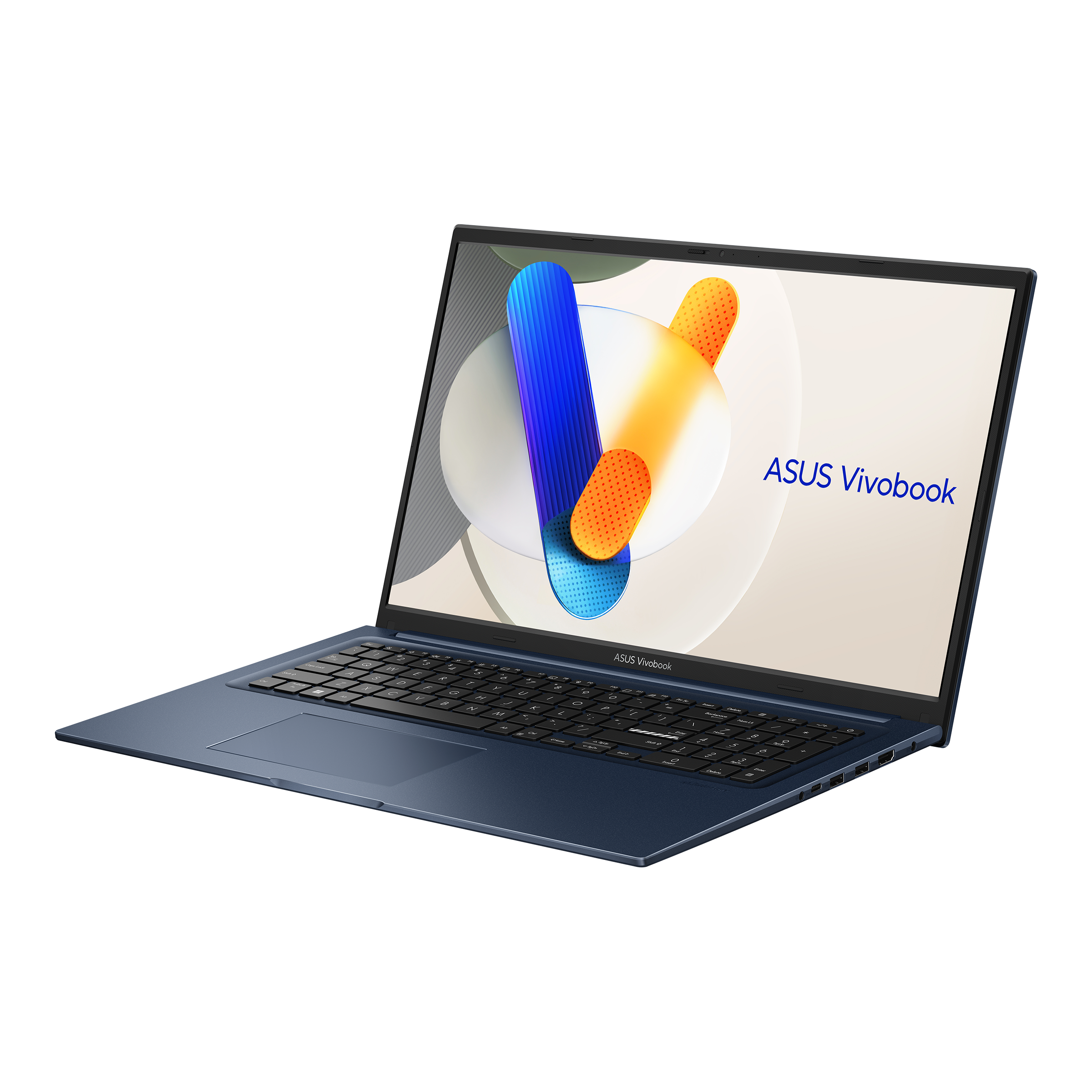 Ein blauer Laptop mit einem Bildschirm, der ein farbenfrohes abstraktes Design zeigt, mit der Bezeichnung ASUS Vivobook.